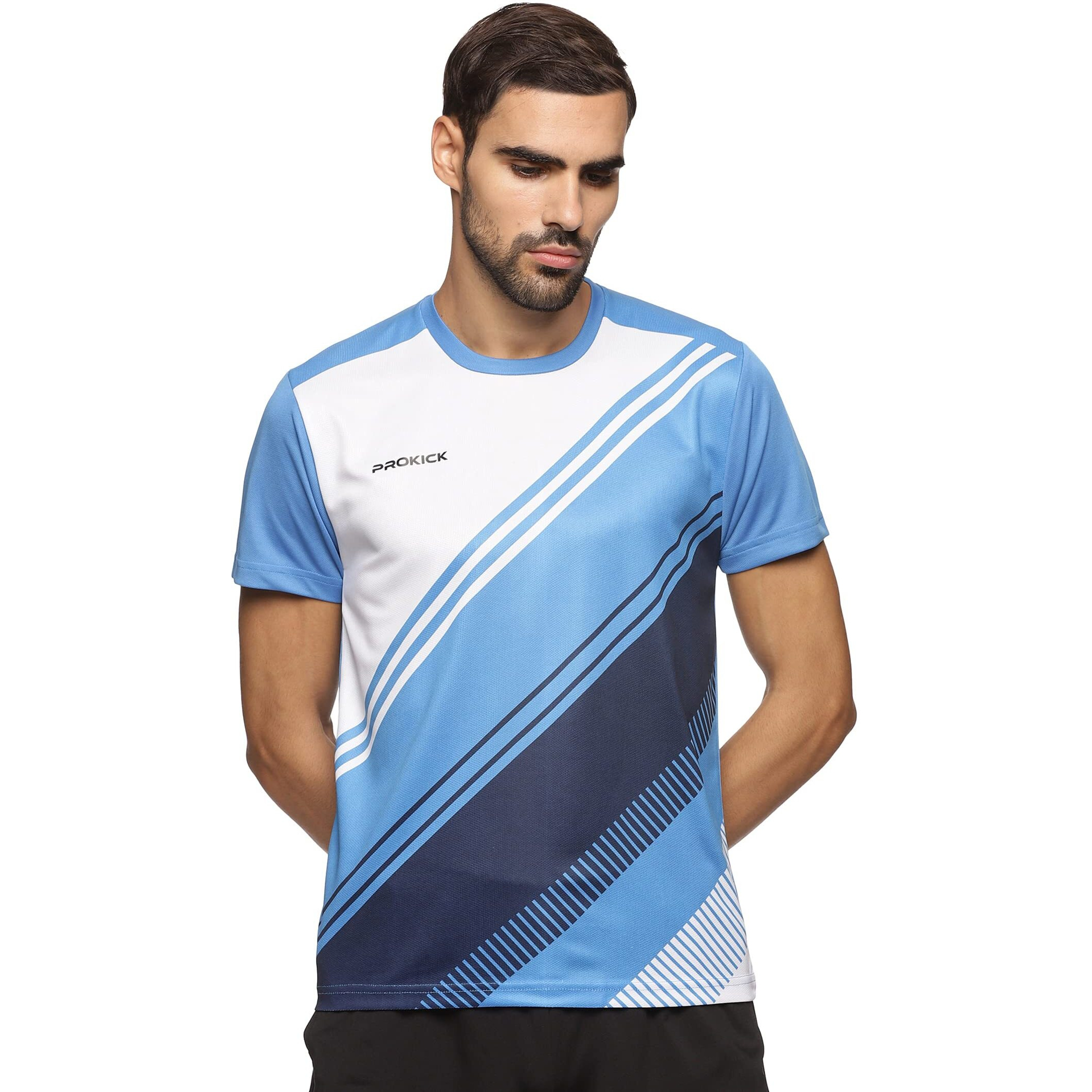 Prokick Regular Fit Round Neck Half Sleeves Tshirt for Men|Activewear T-Shirt Comfort Fit|Light Weight, Moisture Absorption, Sports Tshirt for Badminton,Tennis,Squash,Gym,Everyday Wear (White Blue-S)