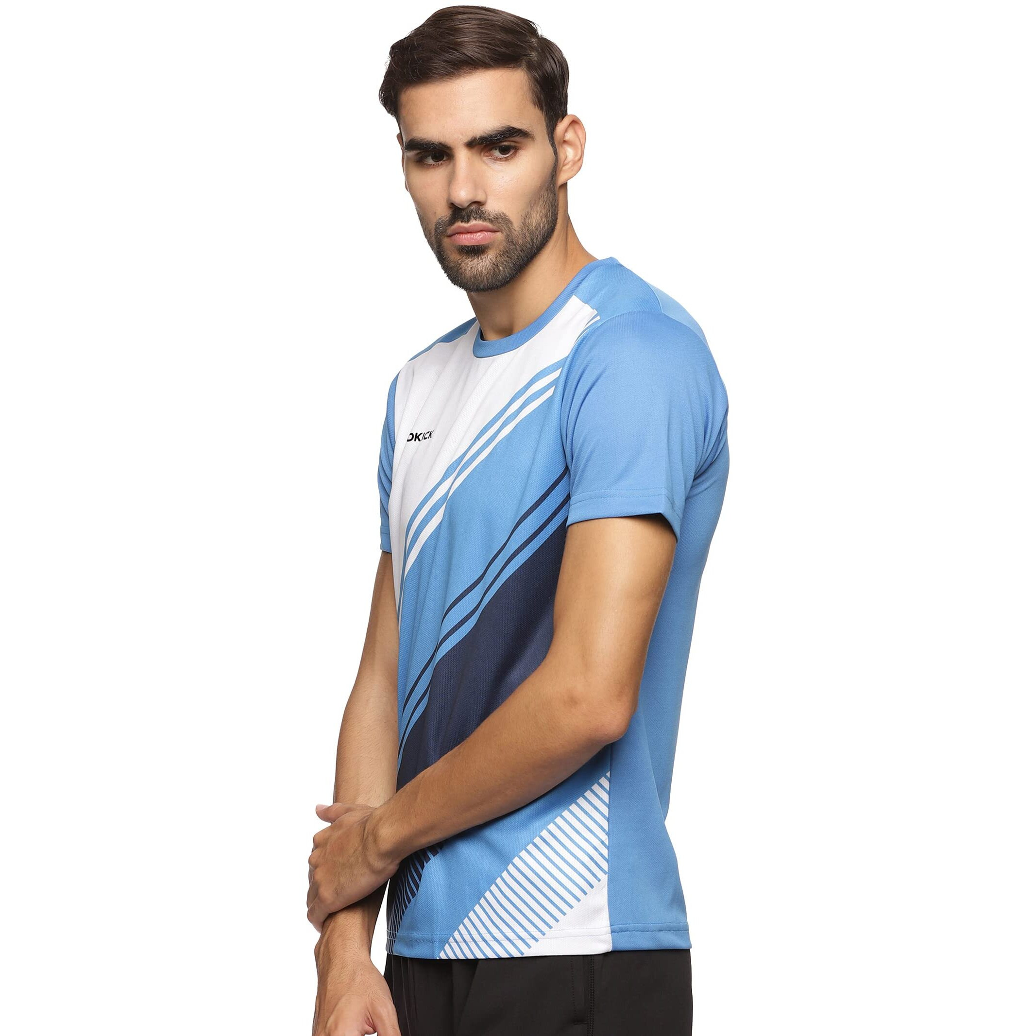 Prokick Regular Fit Round Neck Half Sleeves Tshirt for Men|Activewear T-Shirt Comfort Fit|Light Weight, Moisture Absorption, Sports Tshirt for Badminton,Tennis,Squash,Gym,Everyday Wear (White Blue-S)