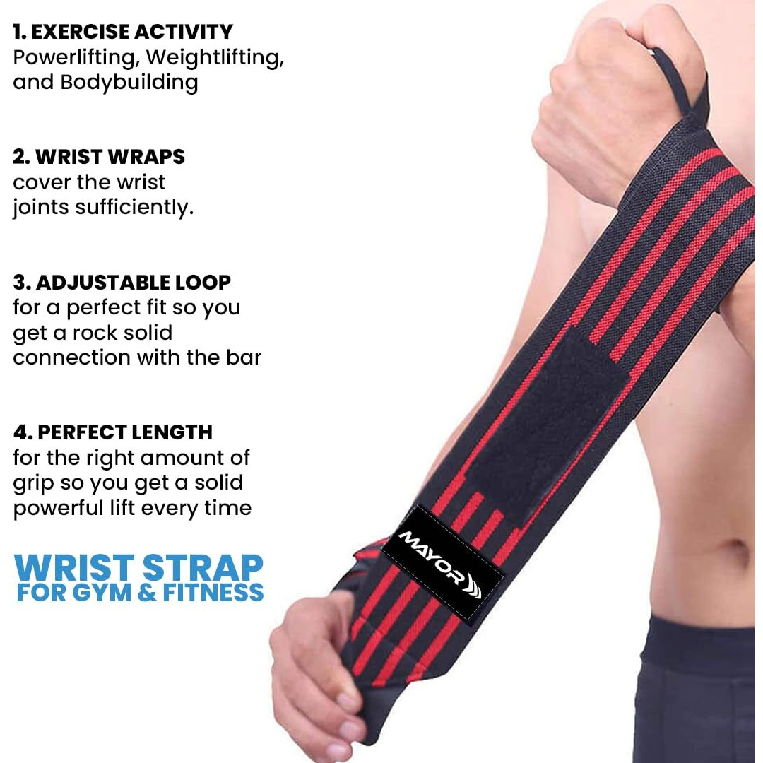Mayor Secure Cotton Wrist Supporter for Gym Wrist Band for Men & Women with Thumb Loop Straps Wrist Wrap Gym Accessories for Men Hand Grip & Wrist Support Sports Straps for Gym (Red Black)