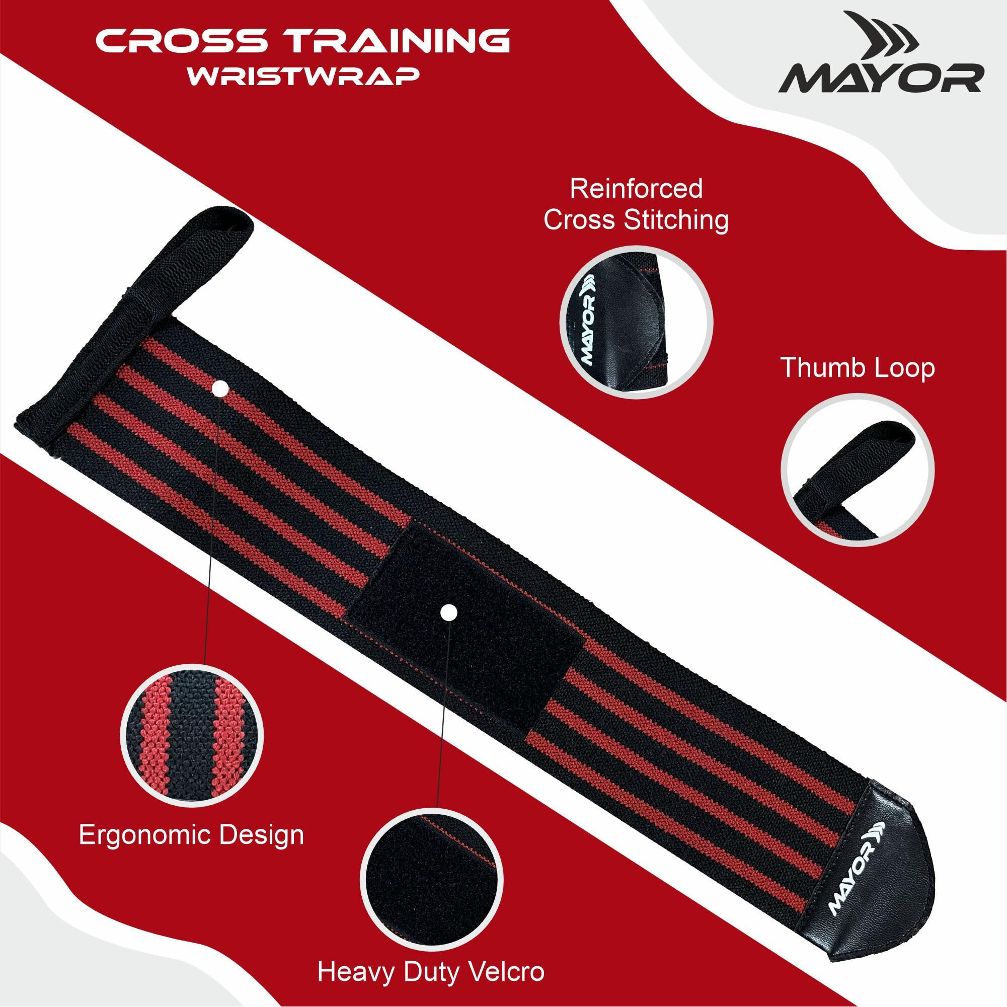 Mayor Secure Cotton Wrist Supporter for Gym Wrist Band for Men & Women with Thumb Loop Straps Wrist Wrap Gym Accessories for Men Hand Grip & Wrist Support Sports Straps for Gym (Red Black)