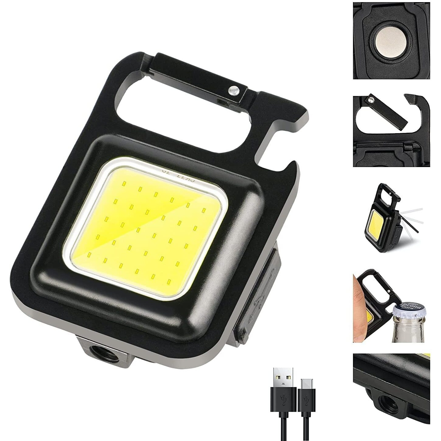 Mayameldi USB Rechargeable Keychain Led Light with Bottle Opener, Magnetic Base and Folding Bracket Mini Cob 1000 lumens Emergency Light Water Resistant Keychain Portable Pocket Light 4 Light Modes