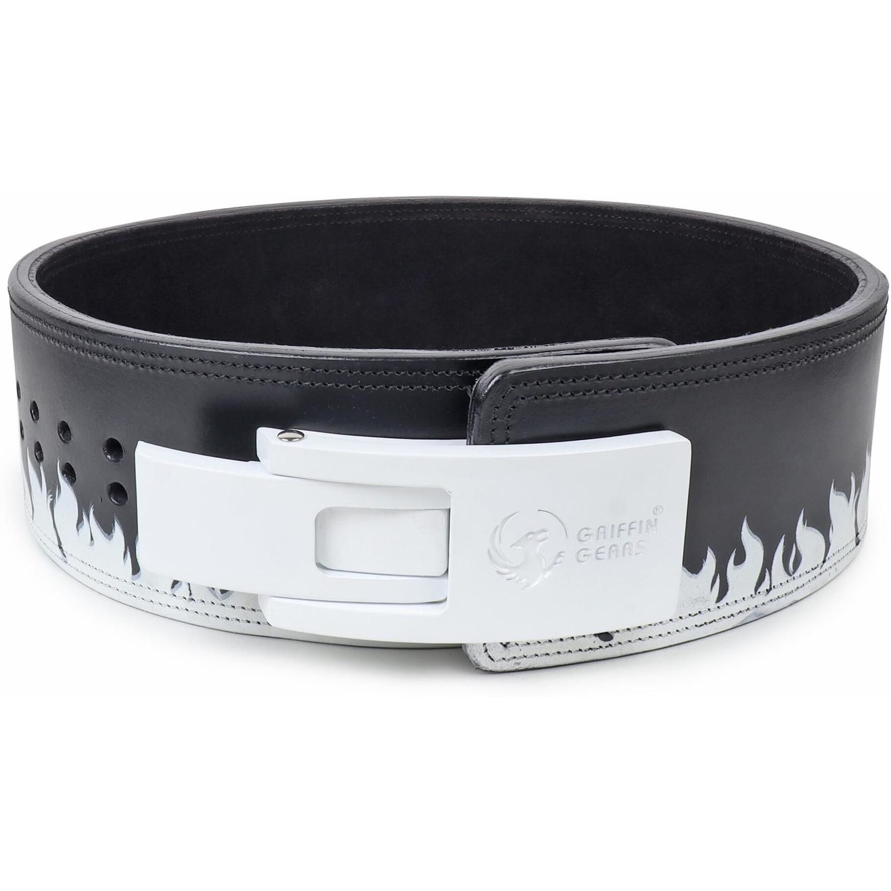 GRIFFIN GEARS Powerlifting Lever Gym White Buckle With White FirePower 10MM Extreme Heavy Duty Genuine Leather Belts-Squats Deadlifts Bodybuilding Weight Lifting for Men & Women (XL-44 - 50 )