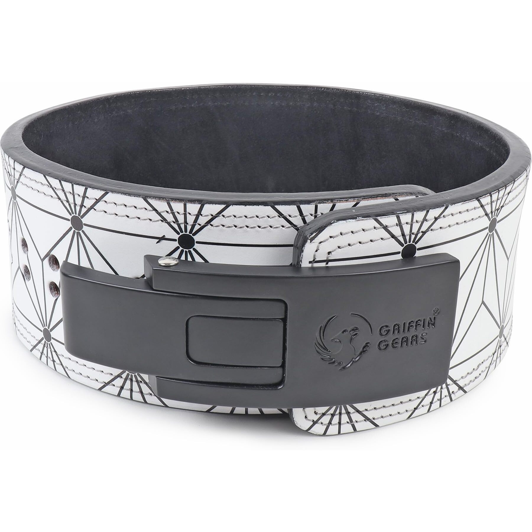 GRIFFIN GEARS Powerlifting Lever Gym Black Buckle With White Abstract Print Power 10MM Extreme Heavy Duty Genuine Leather Belts-Squats Deadlifts Bodybuilding Weight Lifting for Men & Women(S-26 -34 )