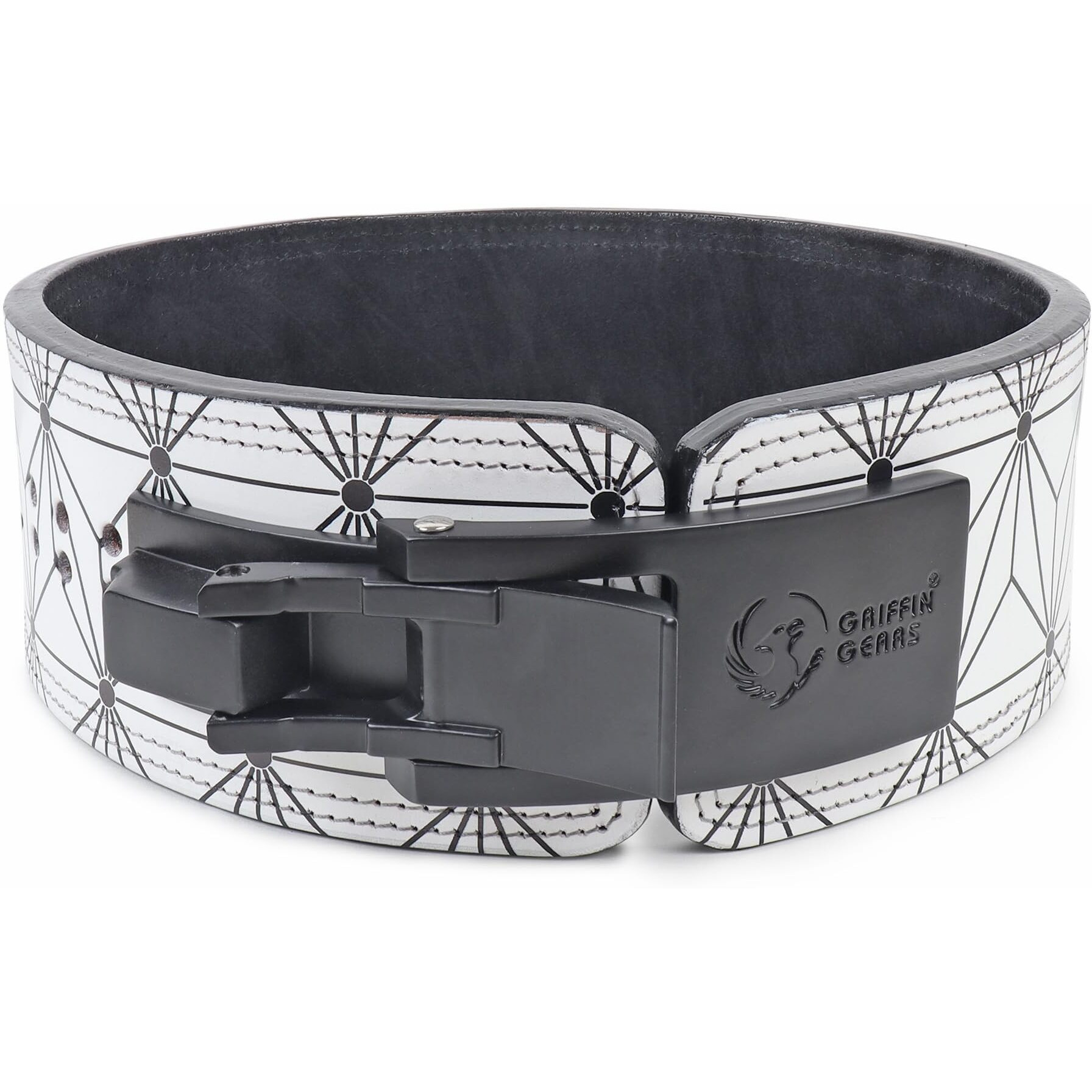 GRIFFIN GEARS Powerlifting Lever Gym Black Buckle With White Abstract Print Power 10MM Extreme Heavy Duty Genuine Leather Belts-Squats Deadlifts Bodybuilding Weight Lifting for Men & Women(S-26 -34 )