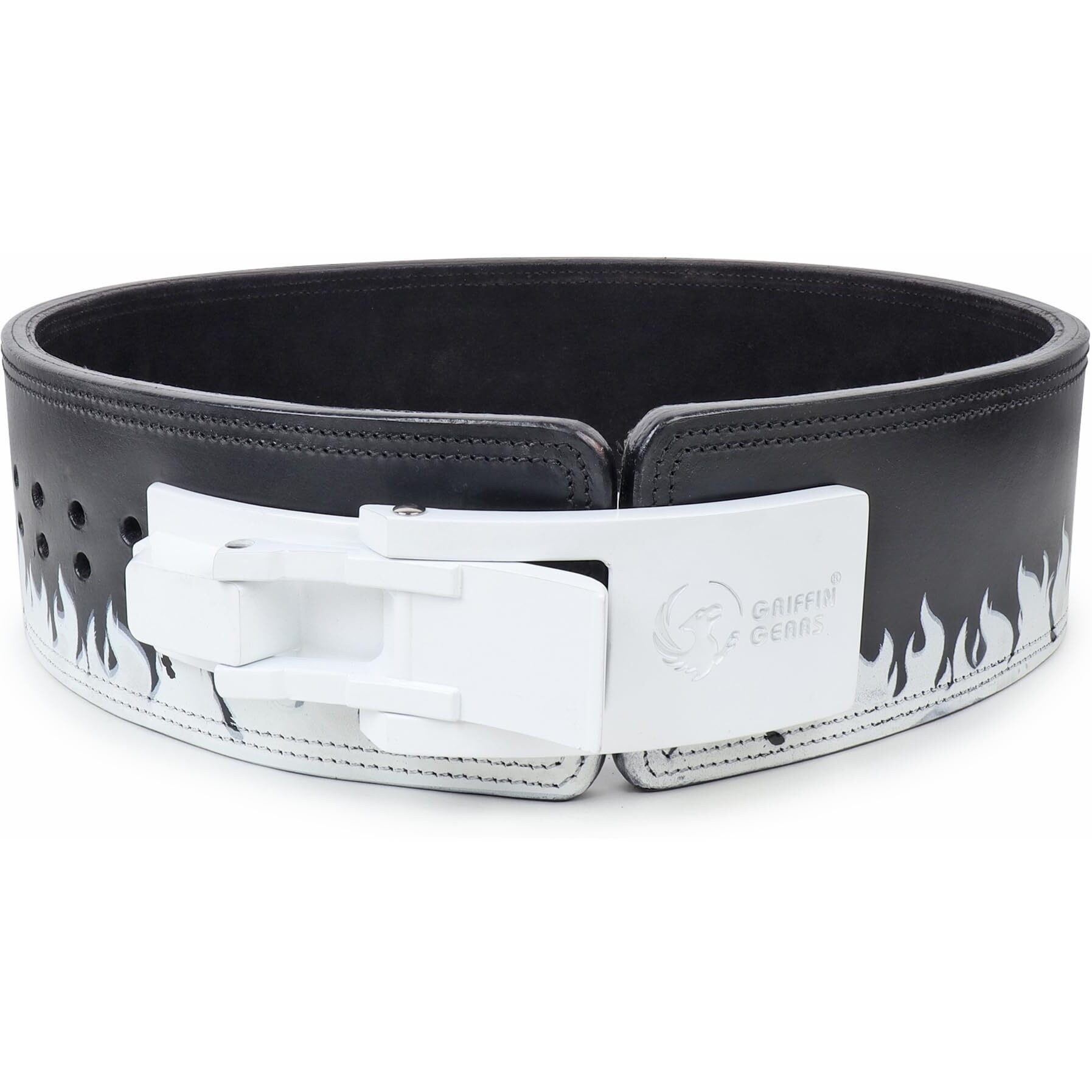 GRIFFIN GEARS Powerlifting Lever Gym White Buckle With White FirePower 10MM Extreme Heavy Duty Genuine Leather Belts-Squats Deadlifts Bodybuilding Weight Lifting for Men & Women (S-26 -34 )
