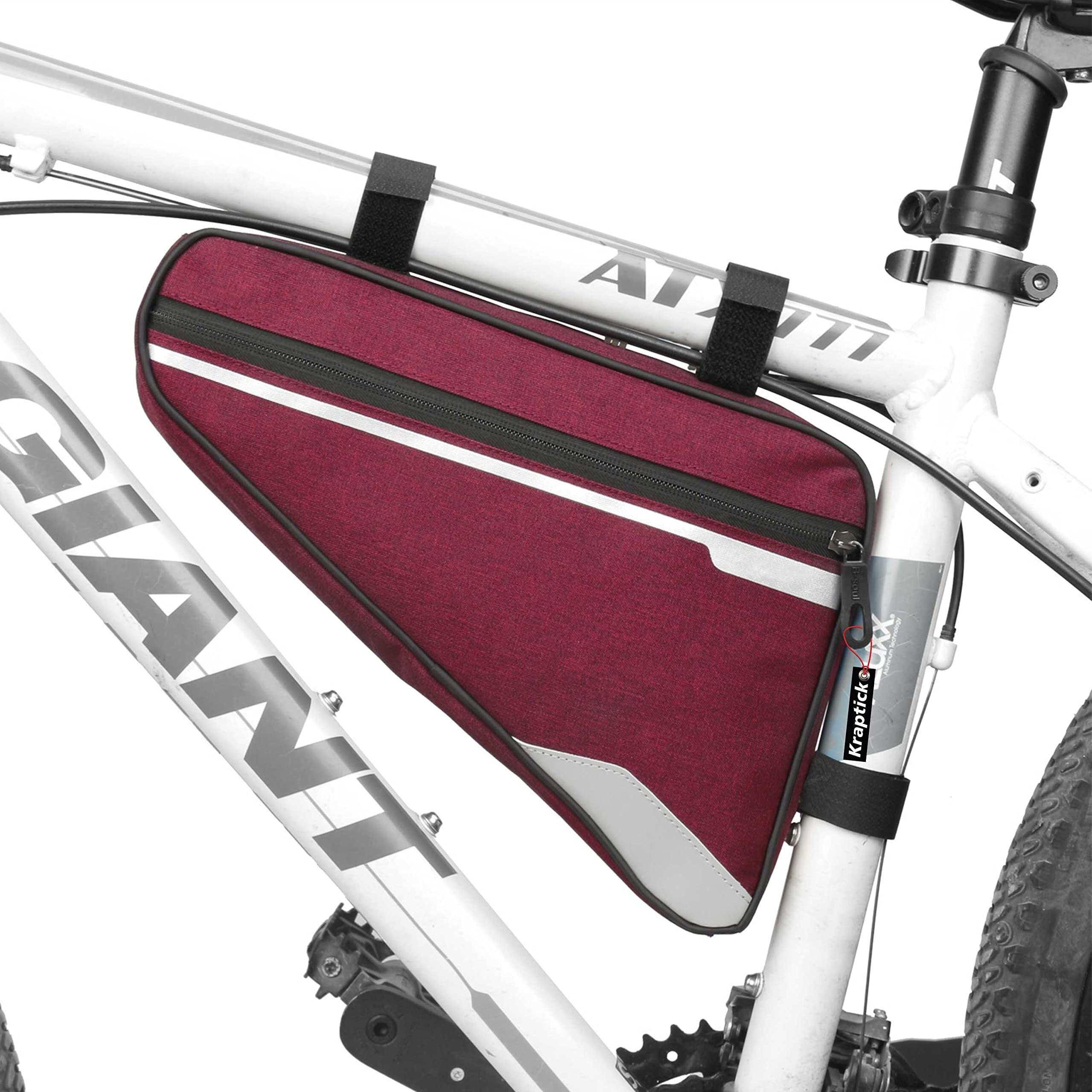 Kraptick Triangle Bike Bag [Waterproof] - Big Triangle Frame Bag for Bicycle for Lock, Tools, Cycle Accessories - Bike Pouch, Bike Bags with Reflective Straps and Plenty of Storage (Red)