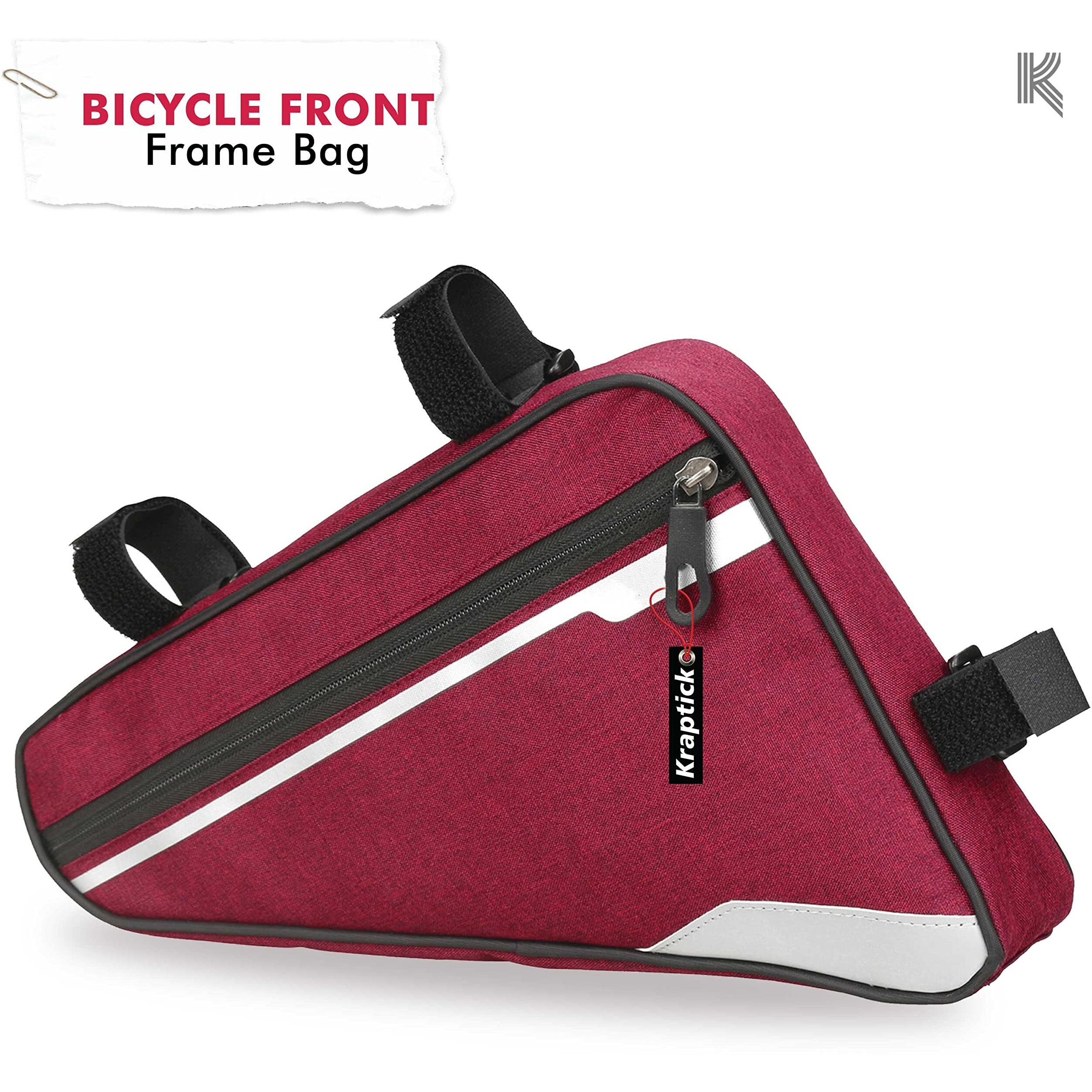 Kraptick Triangle Bike Bag [Waterproof] - Big Triangle Frame Bag for Bicycle for Lock, Tools, Cycle Accessories - Bike Pouch, Bike Bags with Reflective Straps and Plenty of Storage (Red)