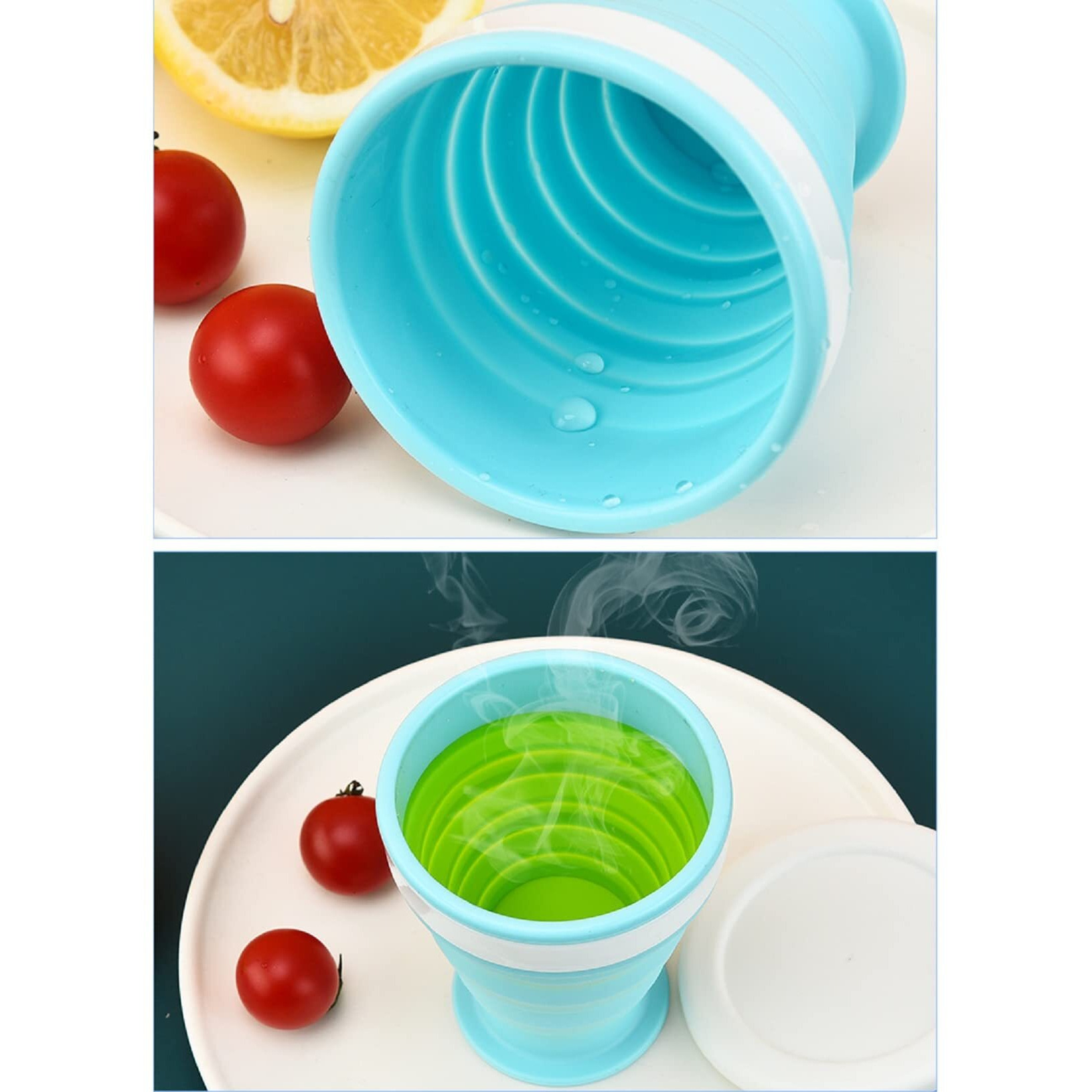 TASKHOUSE Collapsible Outdoor Travel Cup Silicone Folding Water Cups with Lids Reusable Drinking Glasses hot Cups Mug 200ml Pack of 2 (Blue)
