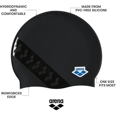 Arena Silicone Unisex Swim Cap for Women and Men, Prints and Solid Colors, Team Stripe Black