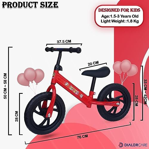 DIALDRCARE Kids Training Balance Bicycle for 1.5 to 3 Year Old Boys and Girls(Red Colour with Black Wheel)
