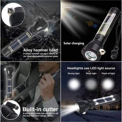 Aluminum 7 Mode Rechargeable Solar LED Torch Light High Power Long Distance with LED Torch Flashlight Use for Car Emergency Tool with Window Breaker, Magnet, Cutter, Compass
