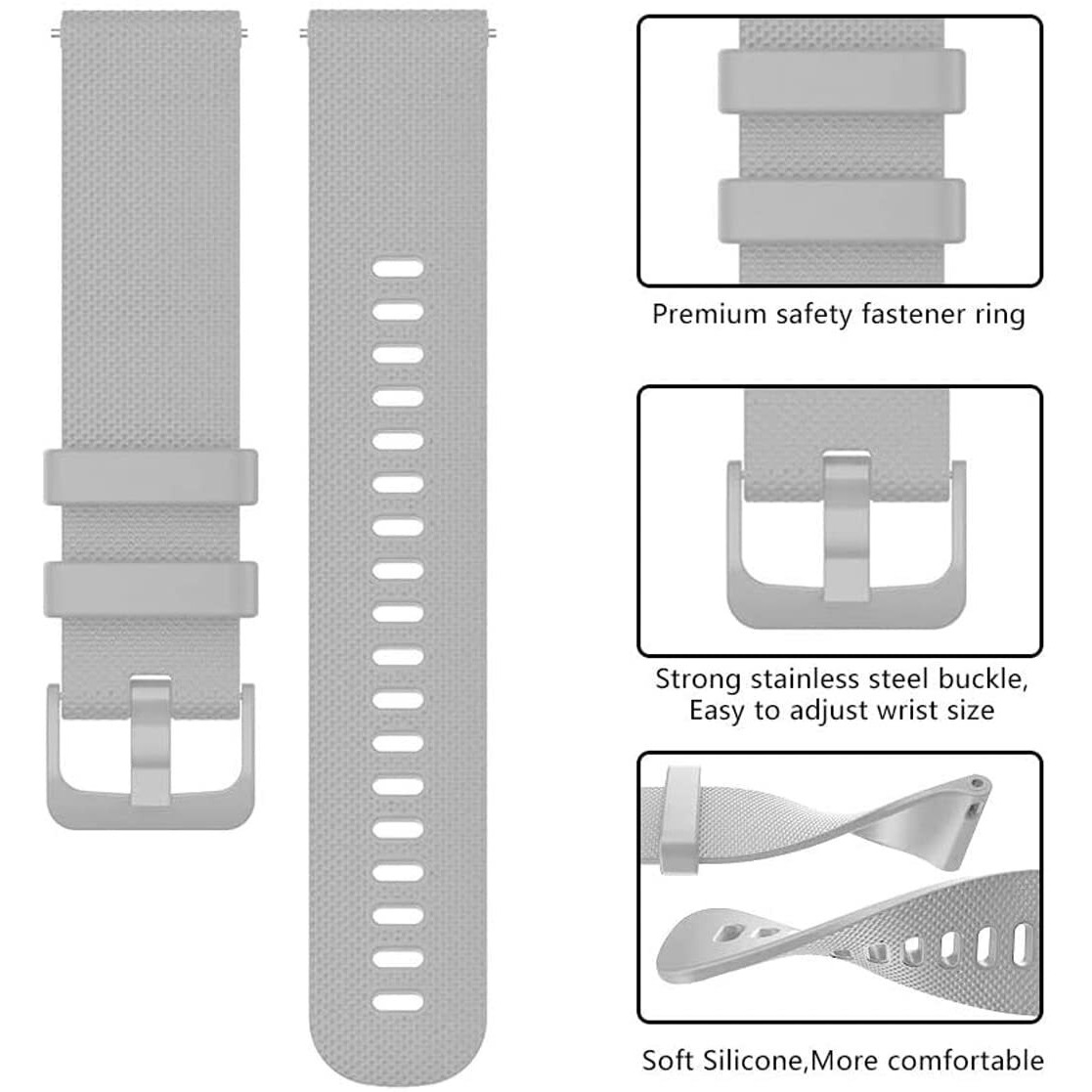 Zitel Bands Compatible with Garmin Forerunner 245 245 Music, 645 645 Music, 55 158, Vivoactive 3, Venu Sq, Vivomove HR, Approach S40 S42 S12 - Soft Silicone 20mm Strap (Gray)