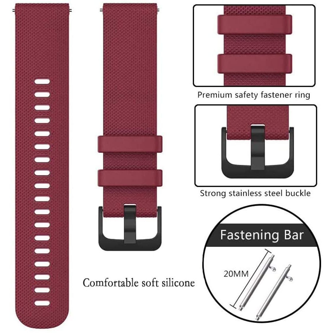 Zitel Bands Compatible with Garmin Forerunner 245 245 Music, 645 645 Music, 55 158, Vivoactive 3, Venu Sq, Vivomove HR, Approach S40 S42 S12 - Soft Silicone 20mm Strap (Wine Red)