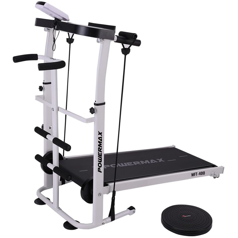 PowerMax Fitness MFT-400 Non-Electric Manual Treadmill For Home Use with Multifunction (Jogger, Twister, Sit-Up, Ropes), 2-Level Incline, Vertical Foldable, 100kg Max User Weight, DIY (DO IT Yourself)