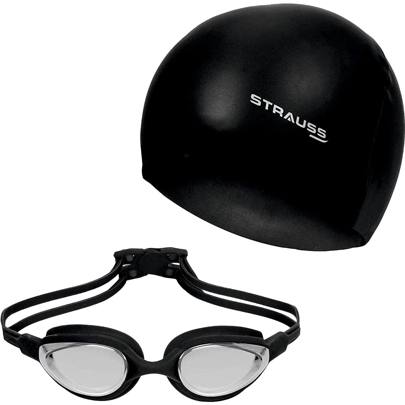 STRAUSS Swimming Set with UV and Anti Fog Protection Goggles, Swim Cap, Earplug and Nose Plug Set - Suitable Swimming Kit for All Age Group | Fully Adjustable | (Black)