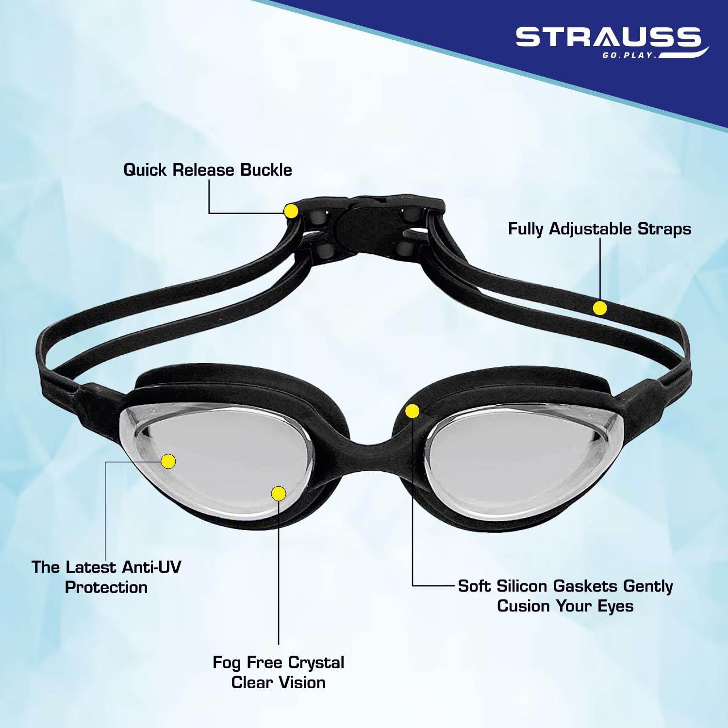 STRAUSS Swimming Set with UV and Anti Fog Protection Goggles, Swim Cap, Earplug and Nose Plug Set - Suitable Swimming Kit for All Age Group | Fully Adjustable | (Black)