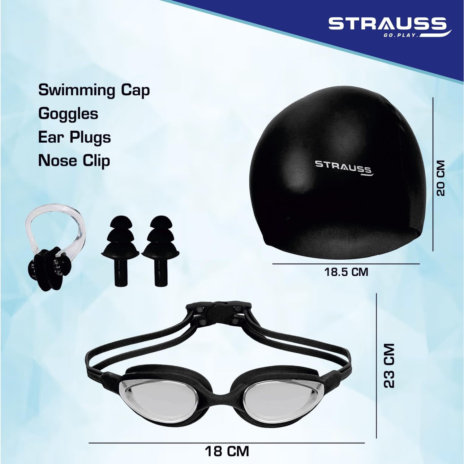 STRAUSS Swimming Set with UV and Anti Fog Protection Goggles, Swim Cap, Earplug and Nose Plug Set - Suitable Swimming Kit for All Age Group | Fully Adjustable | (Black)