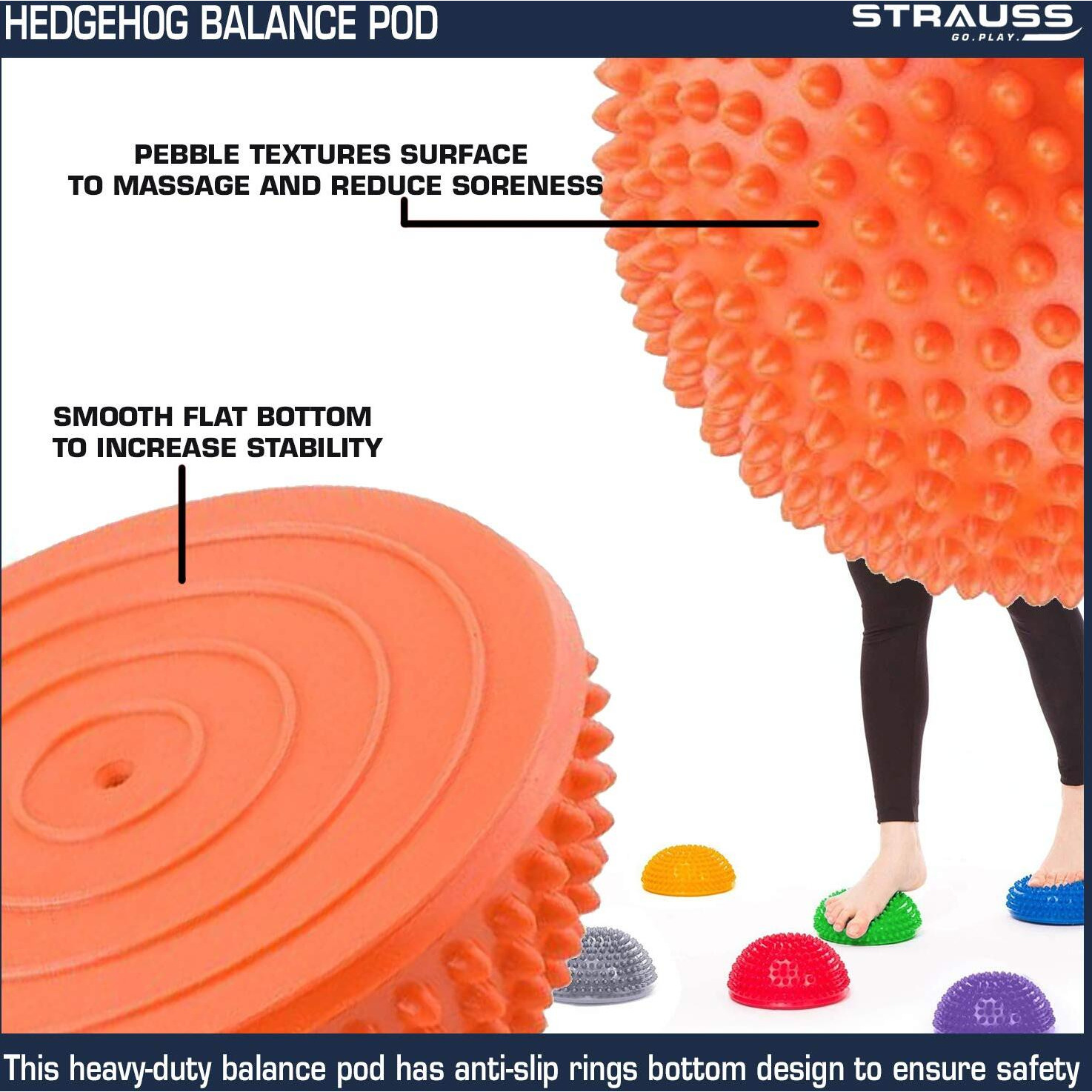 Strauss Hedgehog Balance Pods, Spiky Fitness Domes for Kids Adults Sports, Foot Massage, Stability Training, Physical Therapy, Yoga Gymnastics Exercise, Core Strength (Orange)