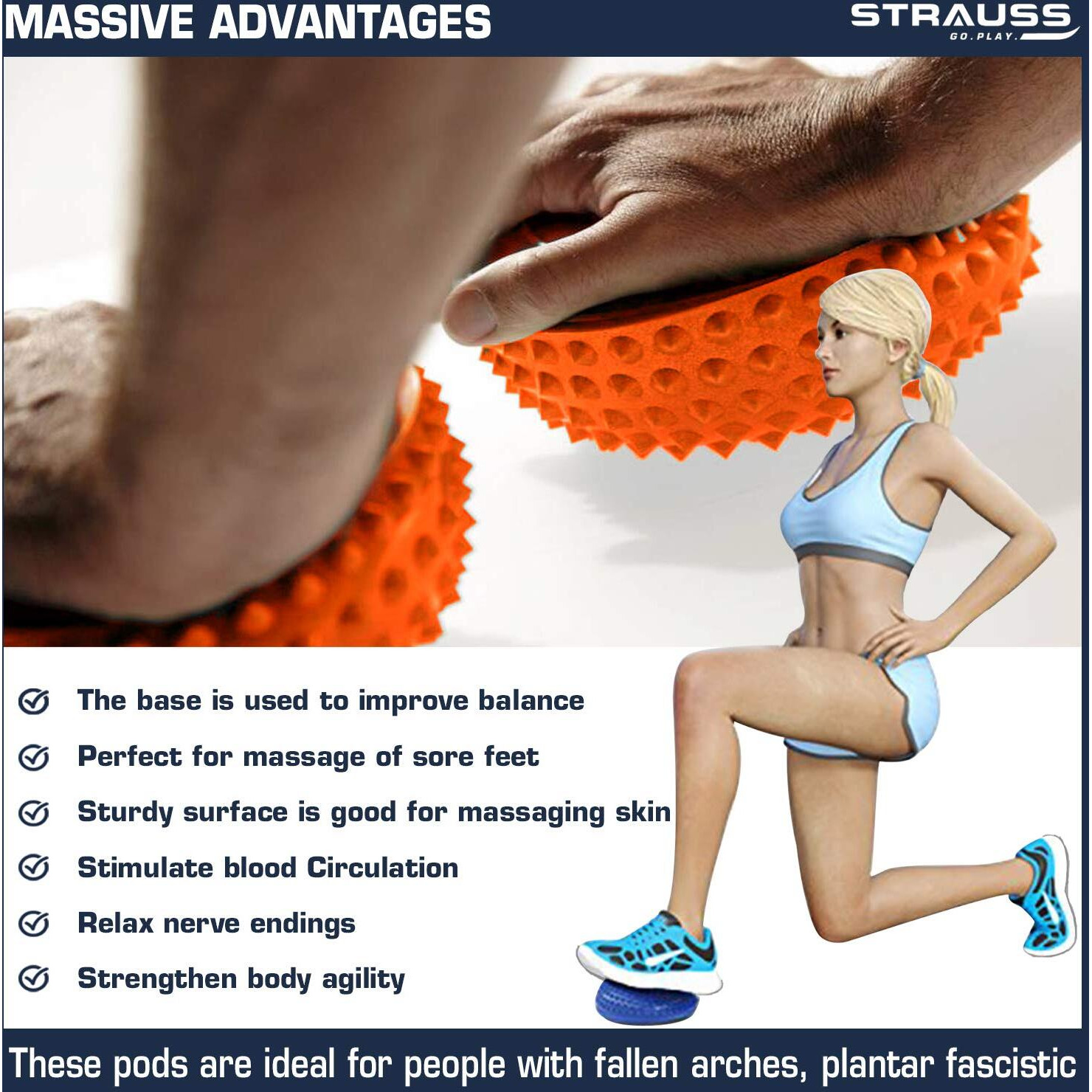 Strauss Hedgehog Balance Pods, Spiky Fitness Domes for Kids Adults Sports, Foot Massage, Stability Training, Physical Therapy, Yoga Gymnastics Exercise, Core Strength (Orange)