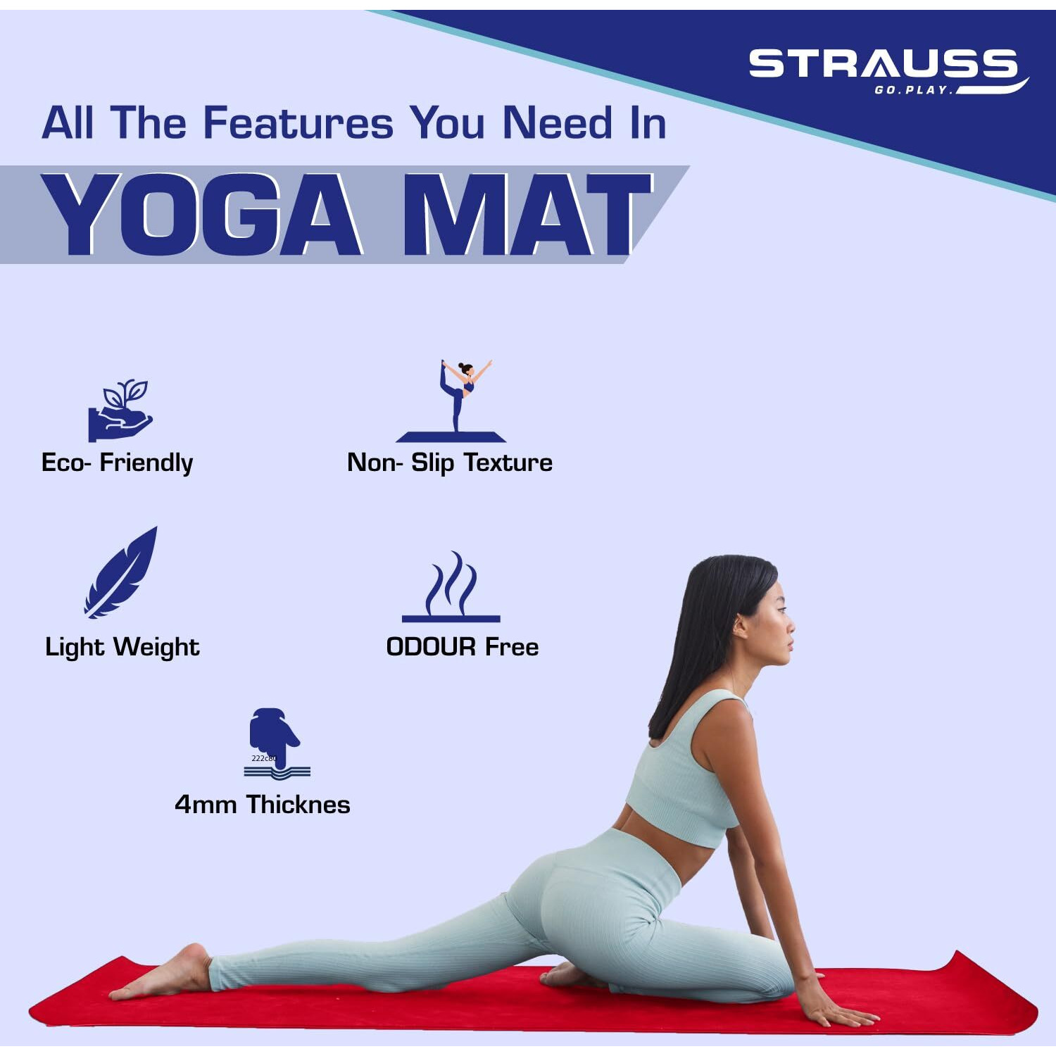 STRAUSS Yoga Mat with Carry Bag | Anti-Slip Exercise Mat for Women & Men | Home Gym Workout, Yoga, Pilates | Eco-friendly | Non-Slip Surface | Lightweight & Durable | 4mm (Pink)