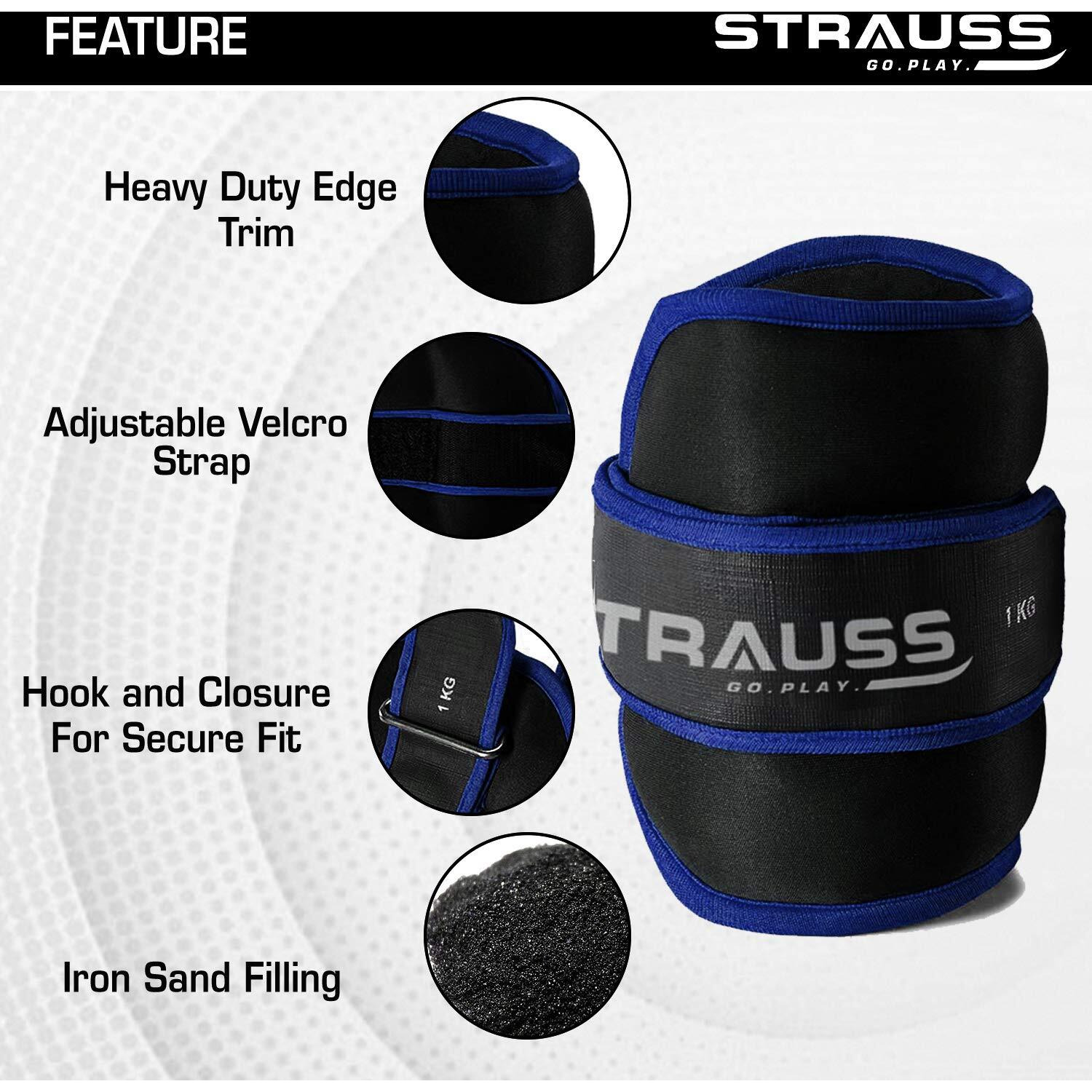 Strauss Ankle Weights for Exercise & Fitness|Adjustable Round Belt Design|Leg Weights for Strength Training,Walking Running, Jogging,Exercise & Gym Workout|Comfortable & Durable| 1Kg(Each)(Blue Pair)