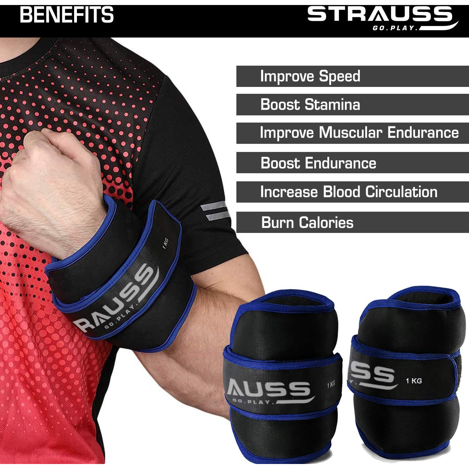 Strauss Ankle Weights for Exercise & Fitness|Adjustable Round Belt Design|Leg Weights for Strength Training,Walking Running, Jogging,Exercise & Gym Workout|Comfortable & Durable| 1Kg(Each)(Blue Pair)