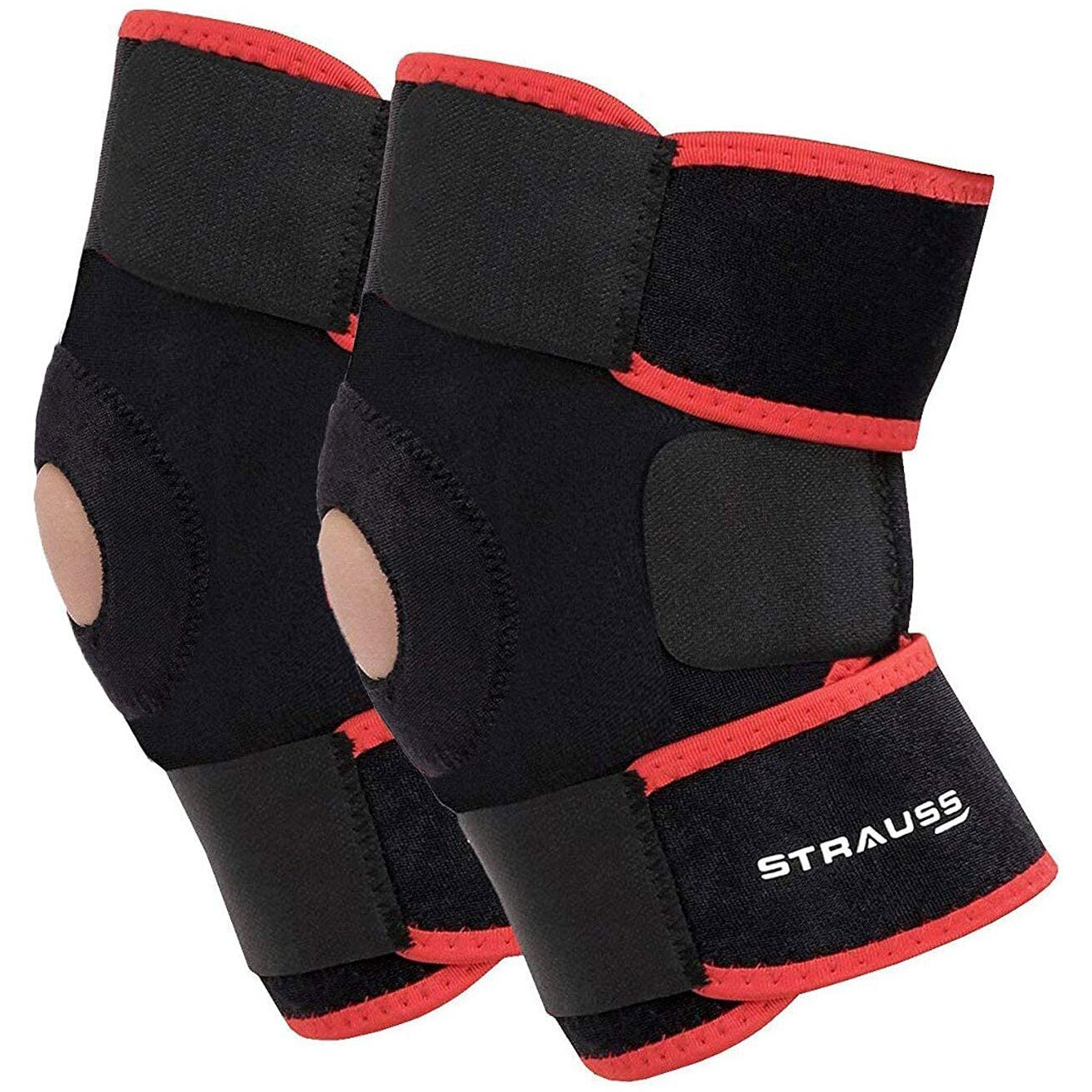 Strauss Adjustable Knee Support Patella|Knee Cap for Knee Pain, Gym Workout, Running, Arthritis, and Protection for Men and Women| Knee Brace |Knee Guard |Knee belt | Joint pain relief | Pair, (Free Size, Black Red)