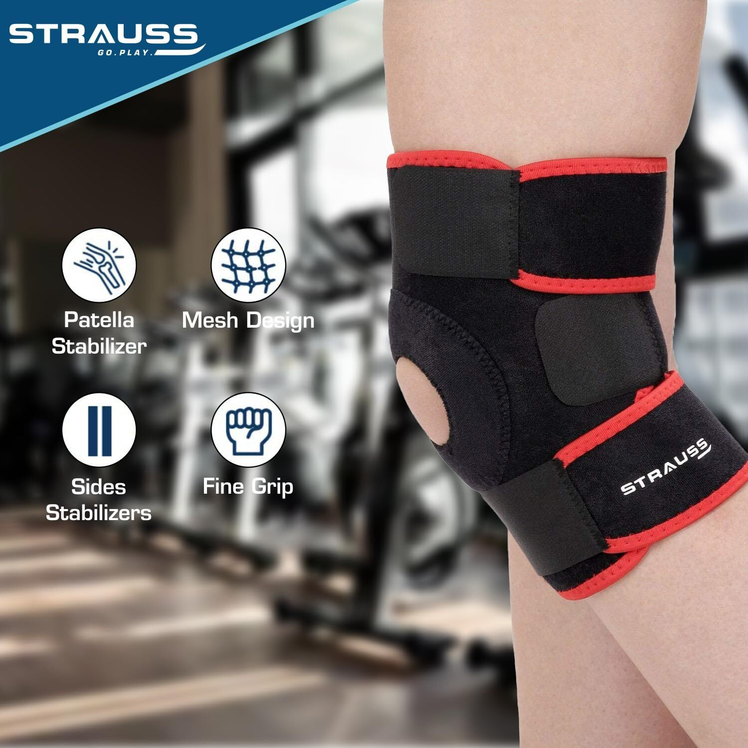 Strauss Adjustable Knee Support Patella|Knee Cap for Knee Pain, Gym Workout, Running, Arthritis, and Protection for Men and Women| Knee Brace |Knee Guard |Knee belt | Joint pain relief | Pair, (Free Size, Black Red)