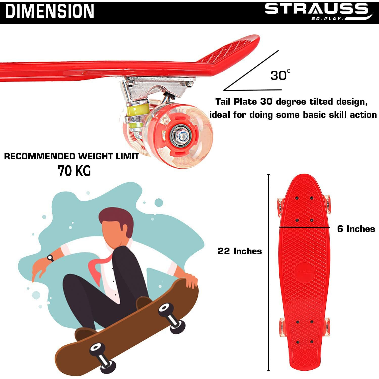 STRAUSS Cruiser PW Skateboard| Penny Skateboard | Casterboard | Anti-Skid Board with ABEC-7 High Precision Bearings | PU Wheel with LED Light |Ideal for 8 Years and above | 22 X 6 Inch,(Red)