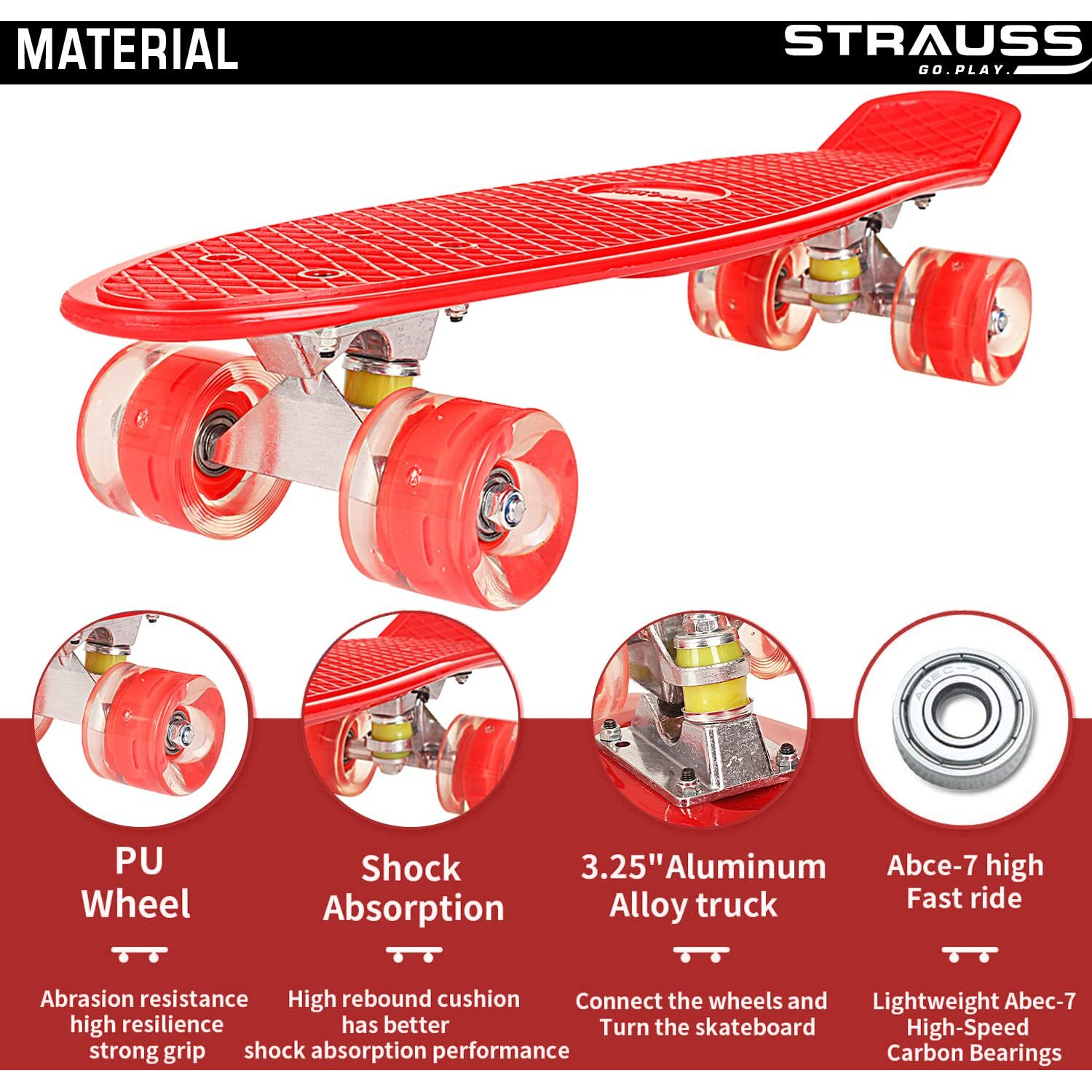 STRAUSS Cruiser PW Skateboard| Penny Skateboard | Casterboard | Anti-Skid Board with ABEC-7 High Precision Bearings | PU Wheel with LED Light |Ideal for 8 Years and above | 22 X 6 Inch,(Red)