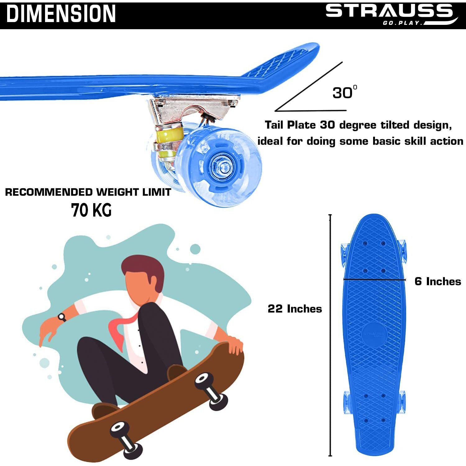STRAUSS Cruiser PW Skateboard | Penny Skateboard | Casterboard | Hoverboard | Anti-Skid Board with ABEC-7 High Precision Bearings | Ideal for All above 8 Years | 22 X 6 Inch,(Blue)