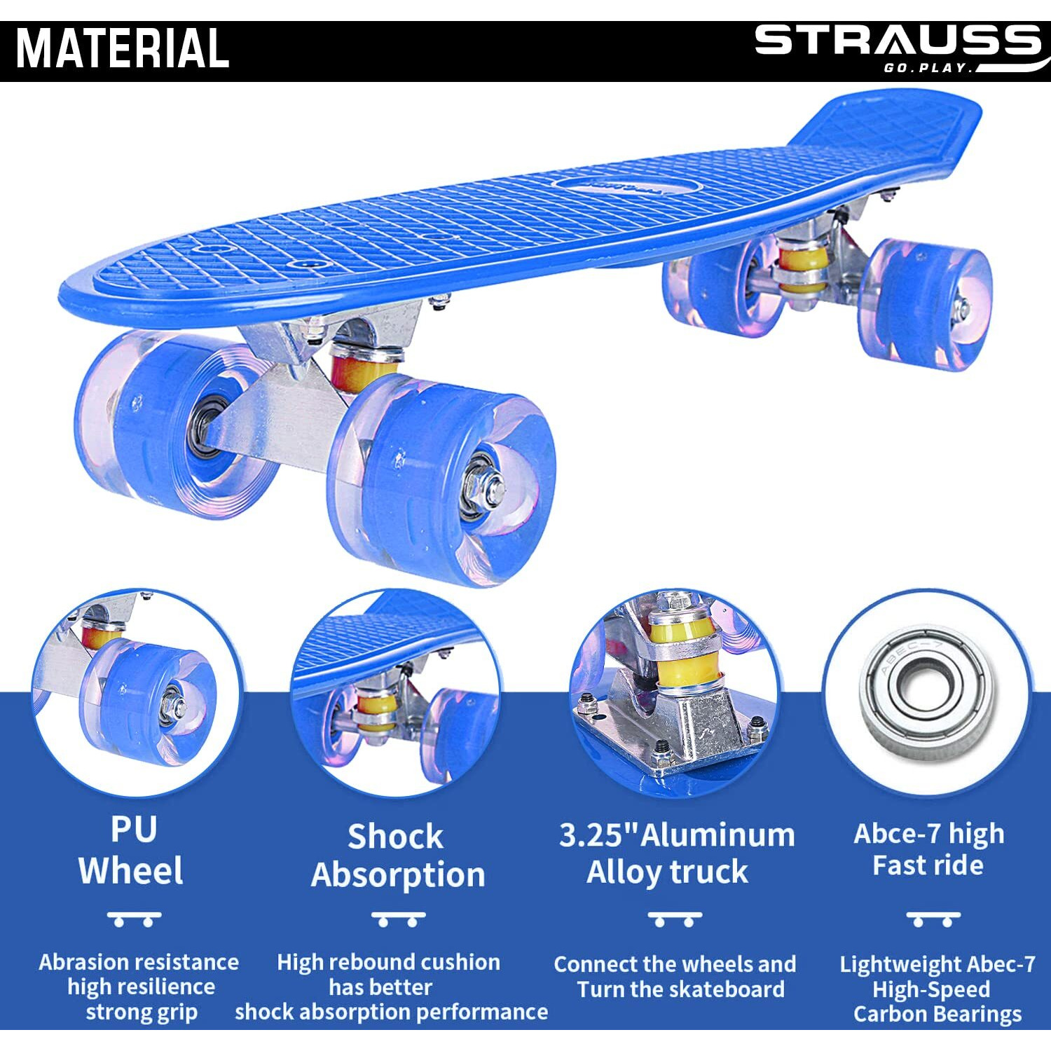 STRAUSS Cruiser PW Skateboard | Penny Skateboard | Casterboard | Hoverboard | Anti-Skid Board with ABEC-7 High Precision Bearings | Ideal for All above 8 Years | 22 X 6 Inch,(Blue)