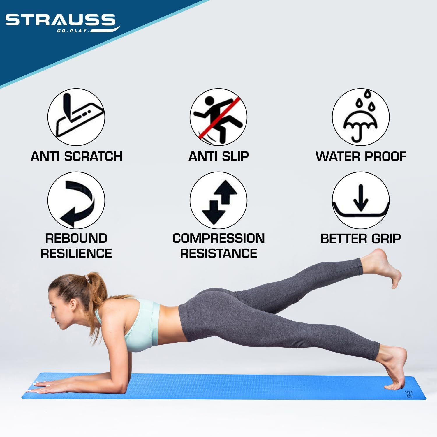 Strauss TPE Yoga Mat | Exercise Mat for Home Workout, Gym and Yoga Sessions | Anti Slip Gym Mat | Workout Mat for Men, Women and Kids | Yoga Mat with Carry Strap | Thickness 6MM,(Sky Blue)