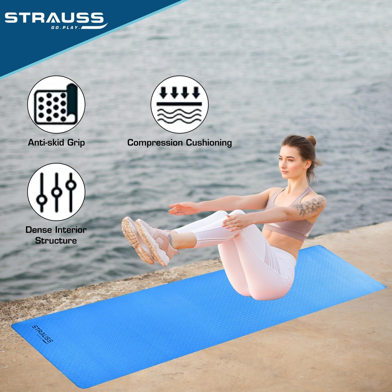 Strauss TPE Yoga Mat | Exercise Mat for Home Workout, Gym and Yoga Sessions | Anti Slip Gym Mat | Workout Mat for Men, Women and Kids | Yoga Mat with Carry Strap | Thickness 6MM,(Sky Blue)