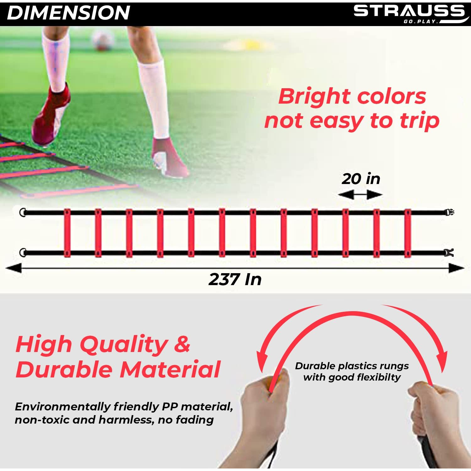 Strauss Agility Ladder | 6M Speed Training Ladder with 12 Adjustable Rungs | Speed Training Ladder for Men and Women | Ideal for Soccer, Football & Sports Training (Red)