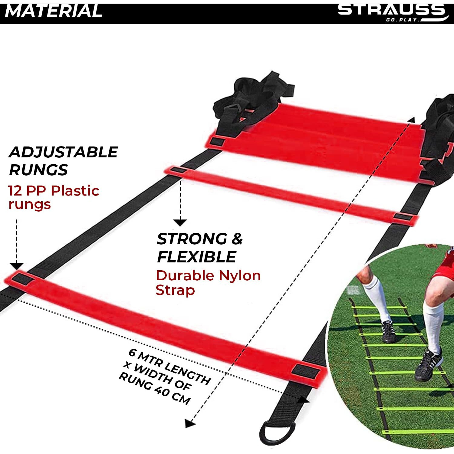 Strauss Agility Ladder | 6M Speed Training Ladder with 12 Adjustable Rungs | Speed Training Ladder for Men and Women | Ideal for Soccer, Football & Sports Training (Red)
