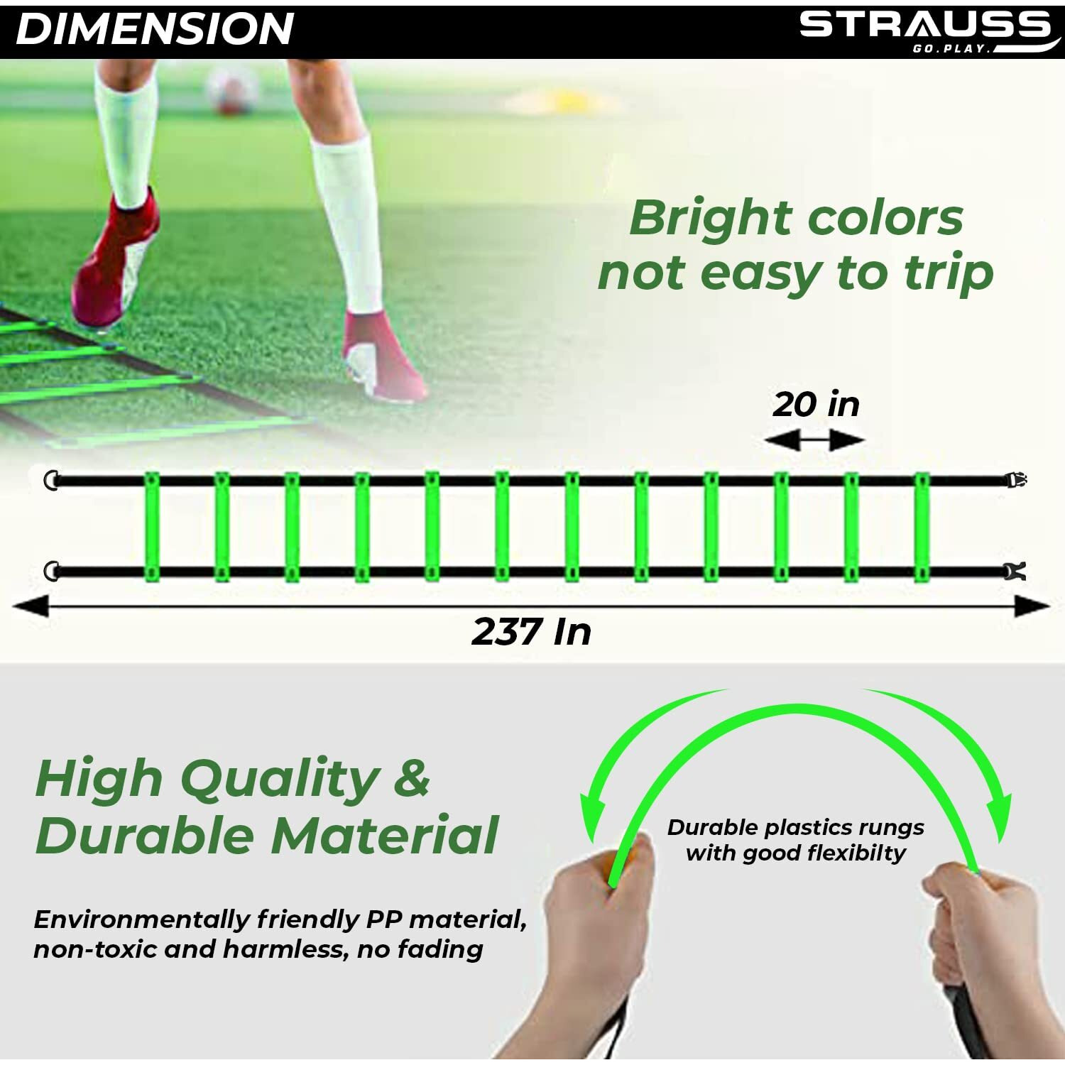 Strauss Agility Ladder | 6M Speed Training Ladder with 12 Adjustable Rungs | Speed Training Ladder for Men and Women | Ideal for Soccer, Football & Sports Training (Green)
