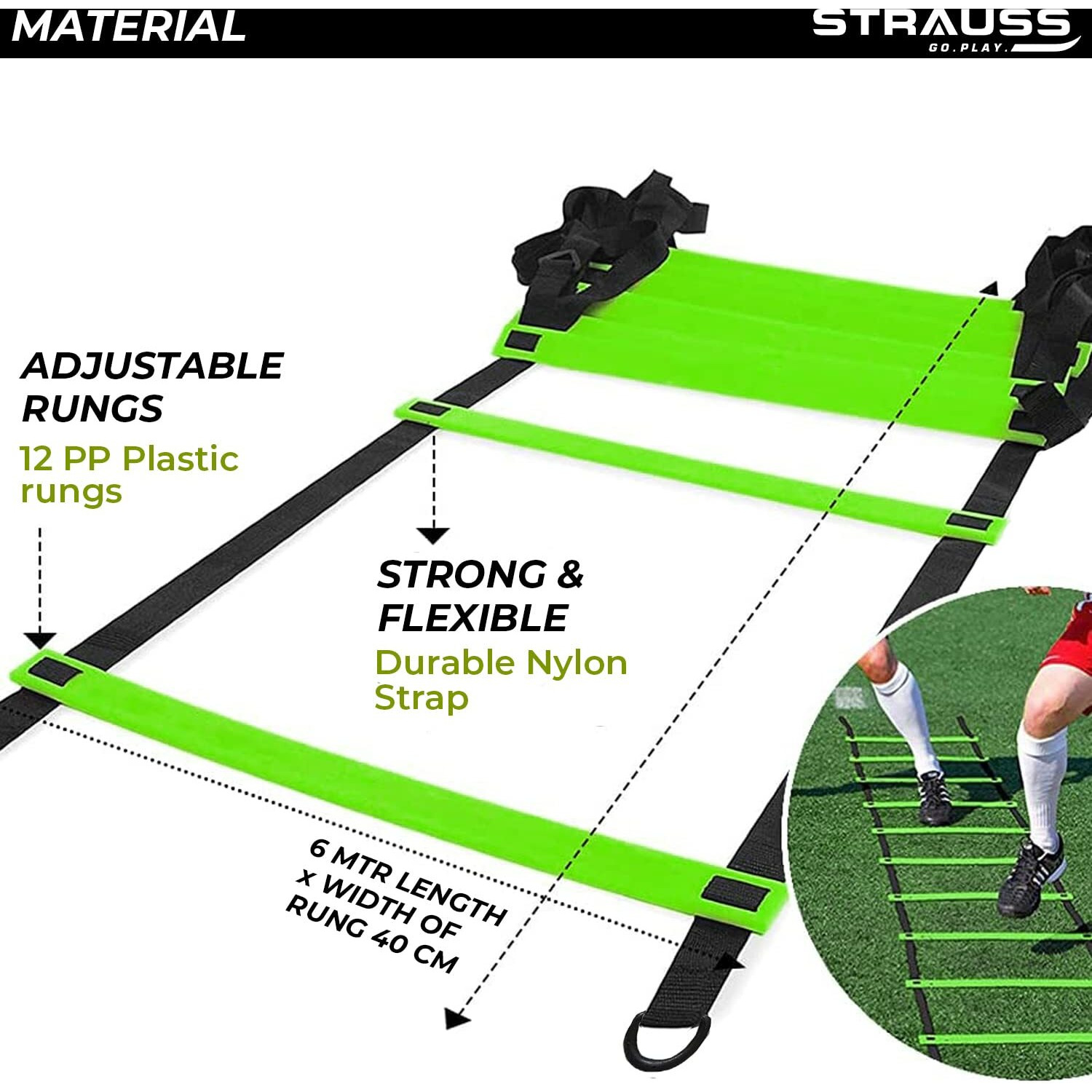 Strauss Agility Ladder | 6M Speed Training Ladder with 12 Adjustable Rungs | Speed Training Ladder for Men and Women | Ideal for Soccer, Football & Sports Training (Green)