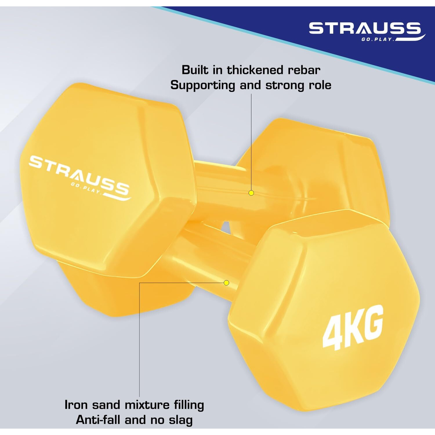 Strauss Premium Vinyl Dumbbells Weight for Men & Women | 4 Kg (Each) | 8 Kg (Pair) | Ideal for Home Workout, Yoga, Pilates, Gym Exercises | Non-Slip, Easy to Hold, Scratch Resistant (Yellow)