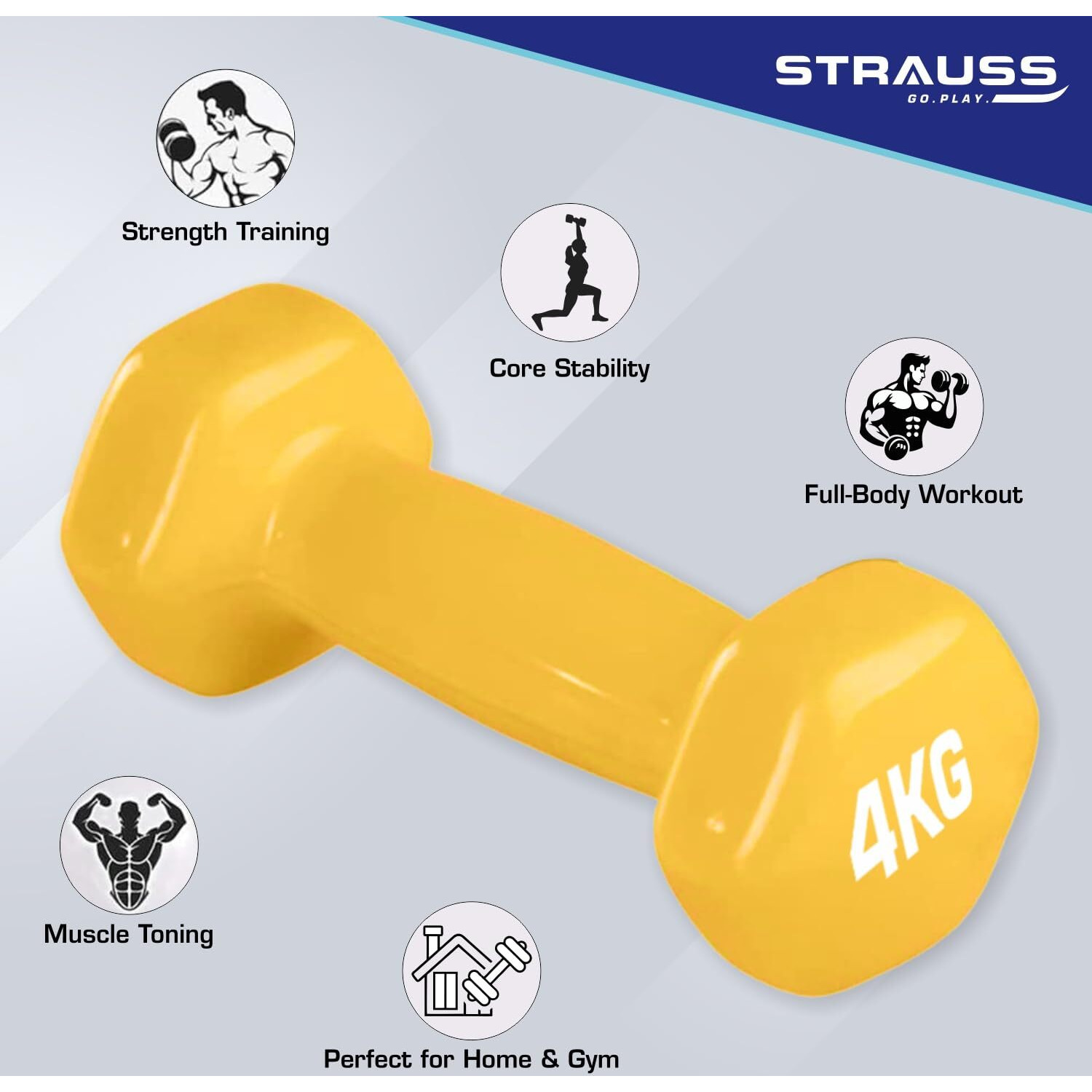 Strauss Premium Vinyl Dumbbells Weight for Men & Women | 4 Kg (Each) | 8 Kg (Pair) | Ideal for Home Workout, Yoga, Pilates, Gym Exercises | Non-Slip, Easy to Hold, Scratch Resistant (Yellow)