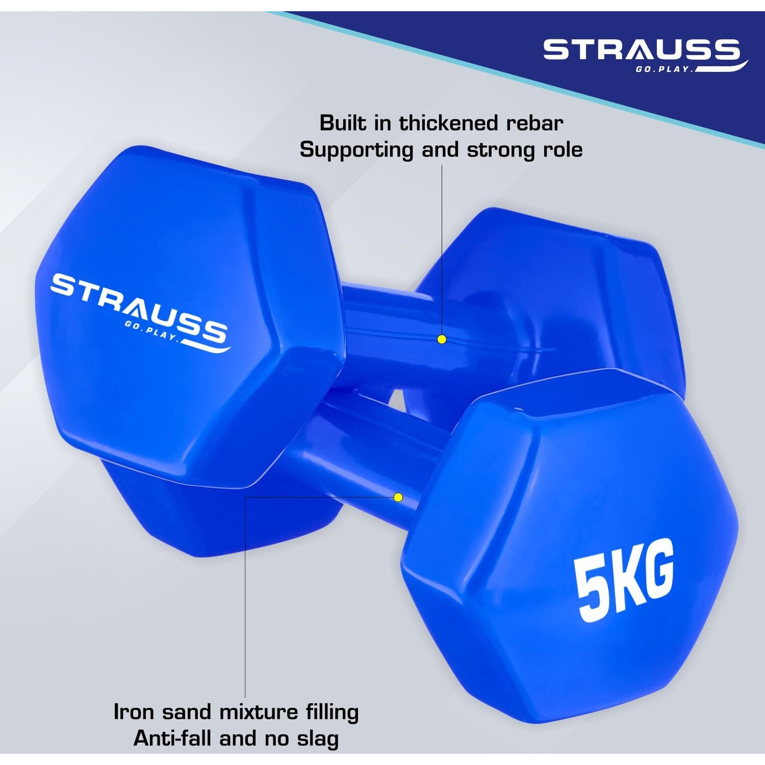 Strauss Premium Vinyl Dumbbells Weight for Men & Women | 5 Kg (Each) | 10 Kg (Pair) | Ideal for Home Workout, Yoga, Pilates, Gym Exercises | Non-Slip, Easy to Hold, Scratch Resistant (Blue)