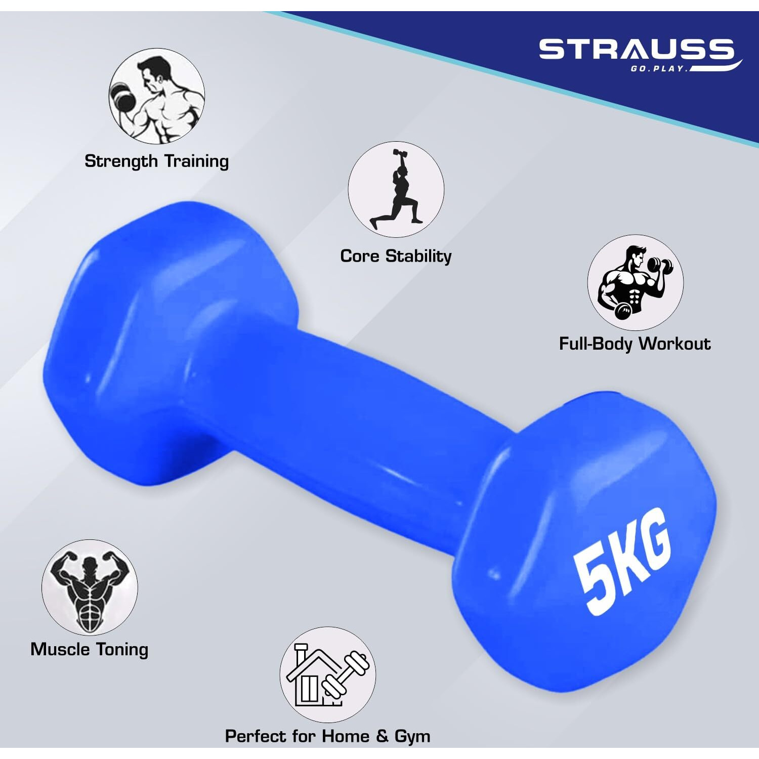 Strauss Premium Vinyl Dumbbells Weight for Men & Women | 5 Kg (Each) | 10 Kg (Pair) | Ideal for Home Workout, Yoga, Pilates, Gym Exercises | Non-Slip, Easy to Hold, Scratch Resistant (Blue)