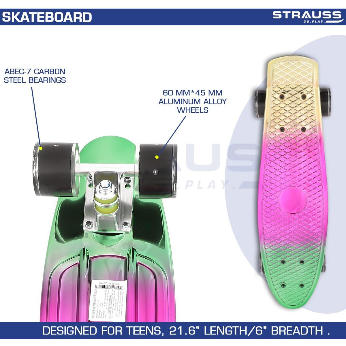 STRAUSS Fibreglass Cruiser Skateboard| Penny Skateboard| Casterboard| Hoverboard| Anti-Skid Board with High Precision Bearings Ideal for 8 Years Old and above 22 X 6 Inch,(Green,Pink,Yellow)