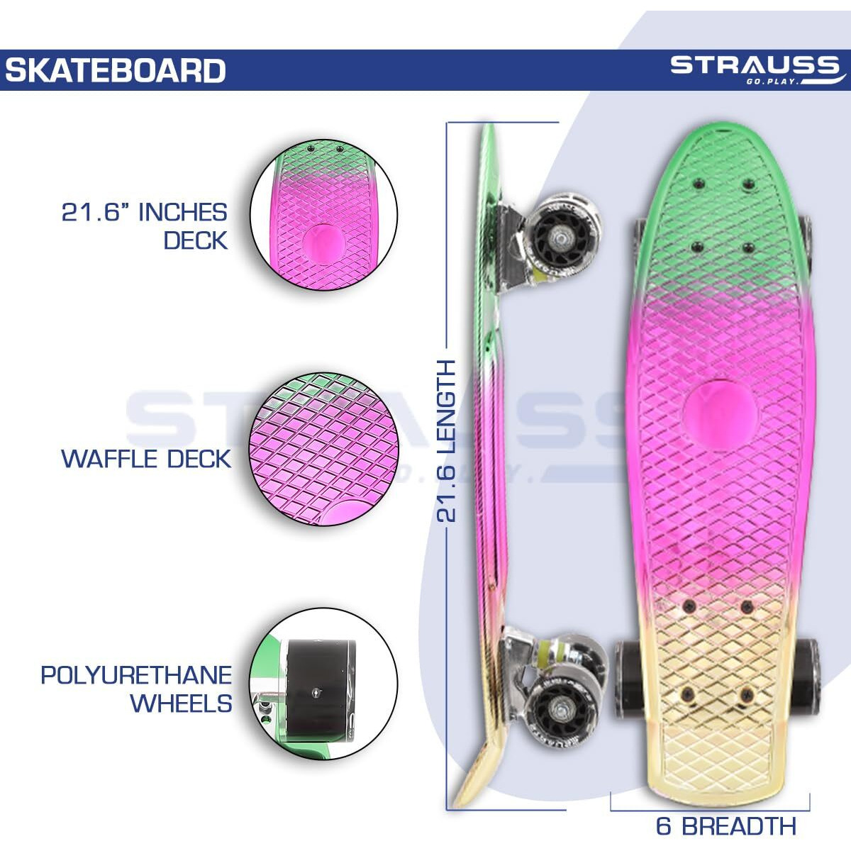 STRAUSS Fibreglass Cruiser Skateboard| Penny Skateboard| Casterboard| Hoverboard| Anti-Skid Board with High Precision Bearings Ideal for 8 Years Old and above 22 X 6 Inch,(Green,Pink,Yellow)