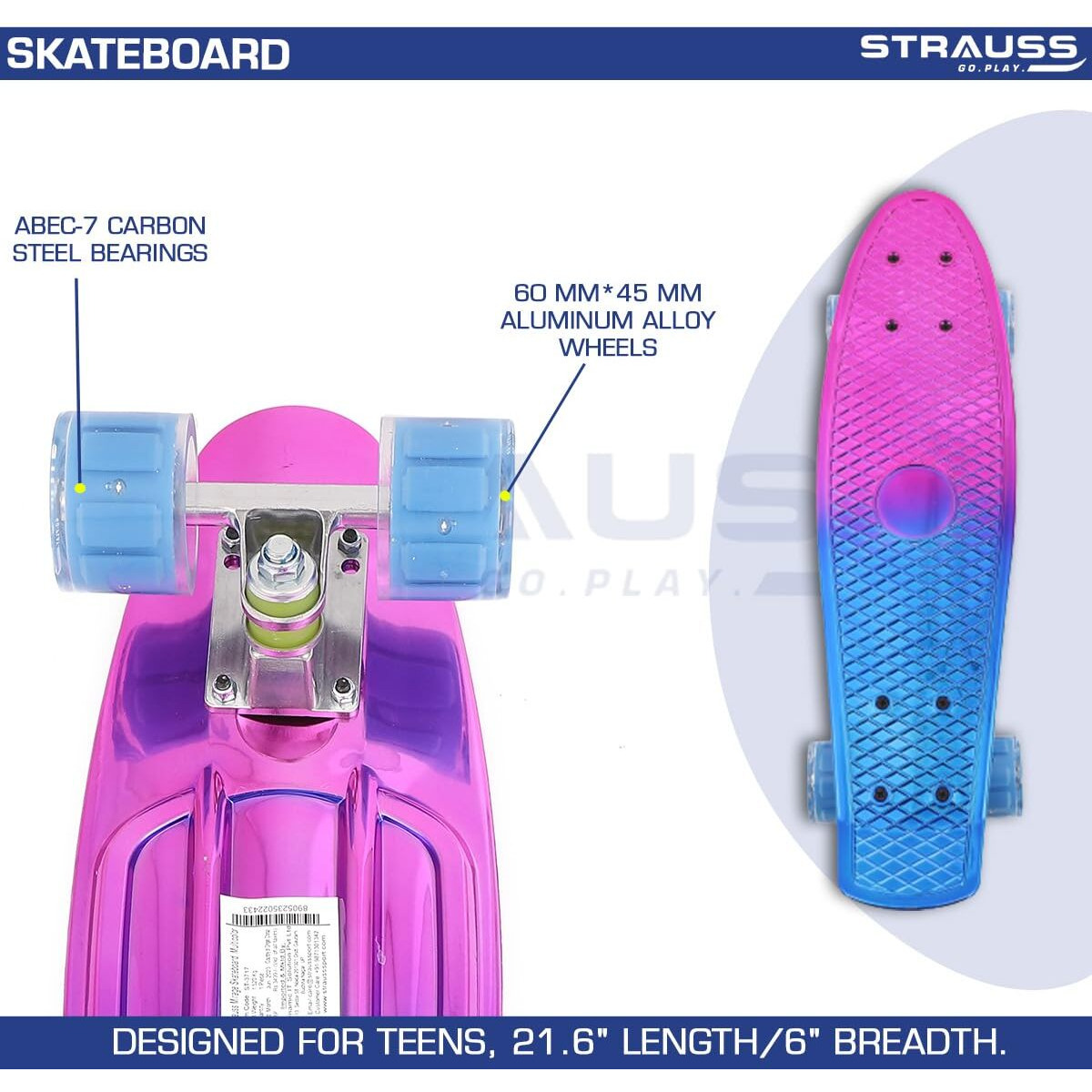 STRAUSS Fibreglass Cruiser Skateboard| Penny Skateboard| Casterboard | Hoverboard | Anti-Skid Board with High Precision Bearings | Ideal for 8 Years Old and above | 22 X 6 Inch,(Pink,Blue)