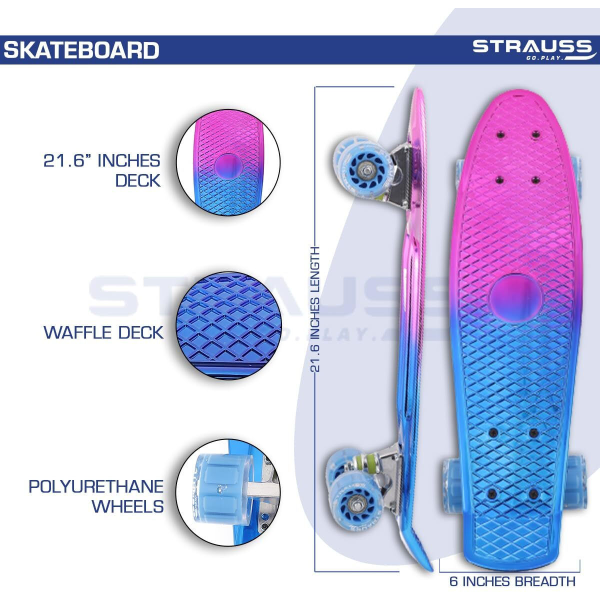 STRAUSS Fibreglass Cruiser Skateboard| Penny Skateboard| Casterboard | Hoverboard | Anti-Skid Board with High Precision Bearings | Ideal for 8 Years Old and above | 22 X 6 Inch,(Pink,Blue)
