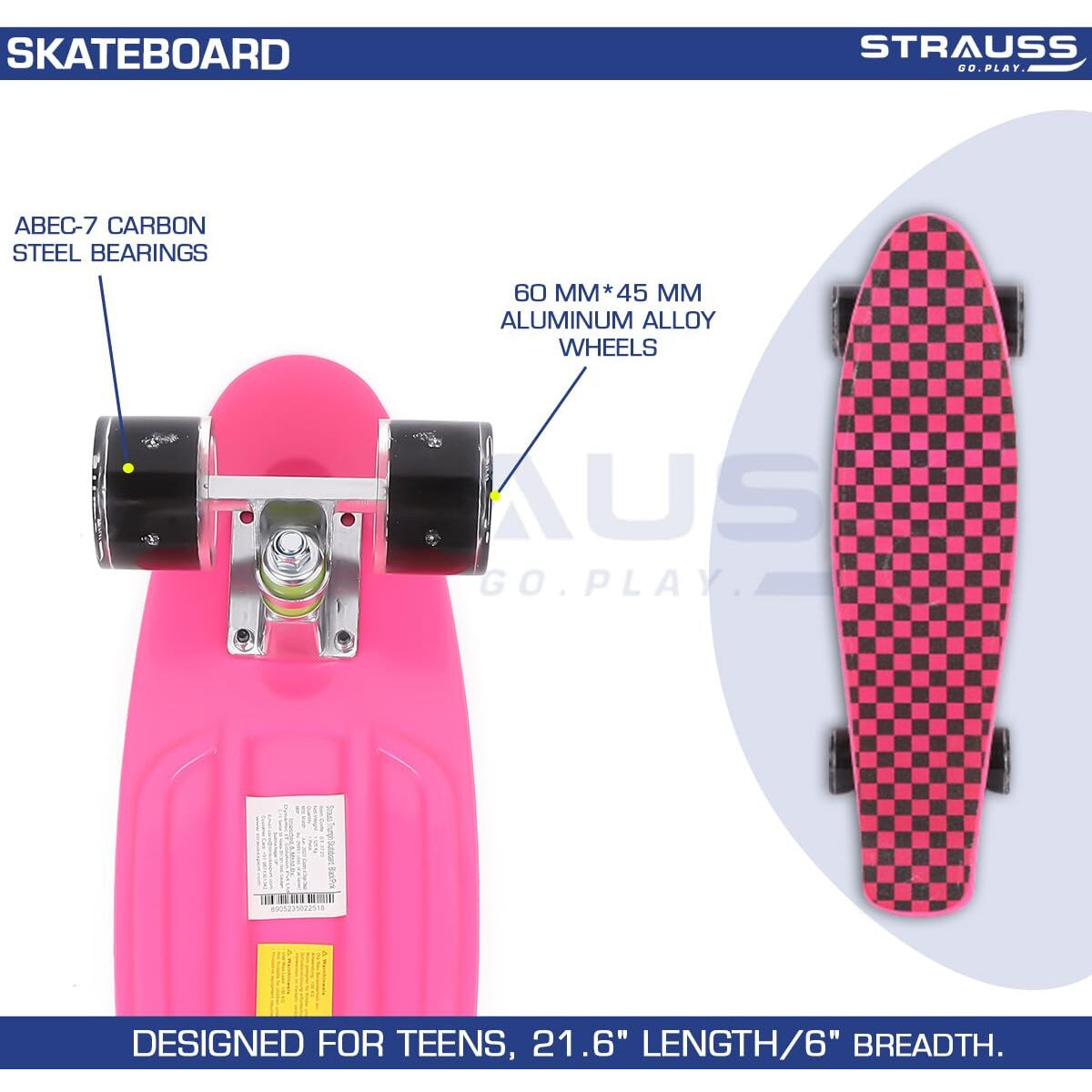 STRAUSS Cruiser Skateboard| Penny Skateboard | Casterboard | Hoverboard | Anti-Skid Board with High Precision Bearings | Wheels with Light |Ideal for All Skill Level,(Checkered Pink)