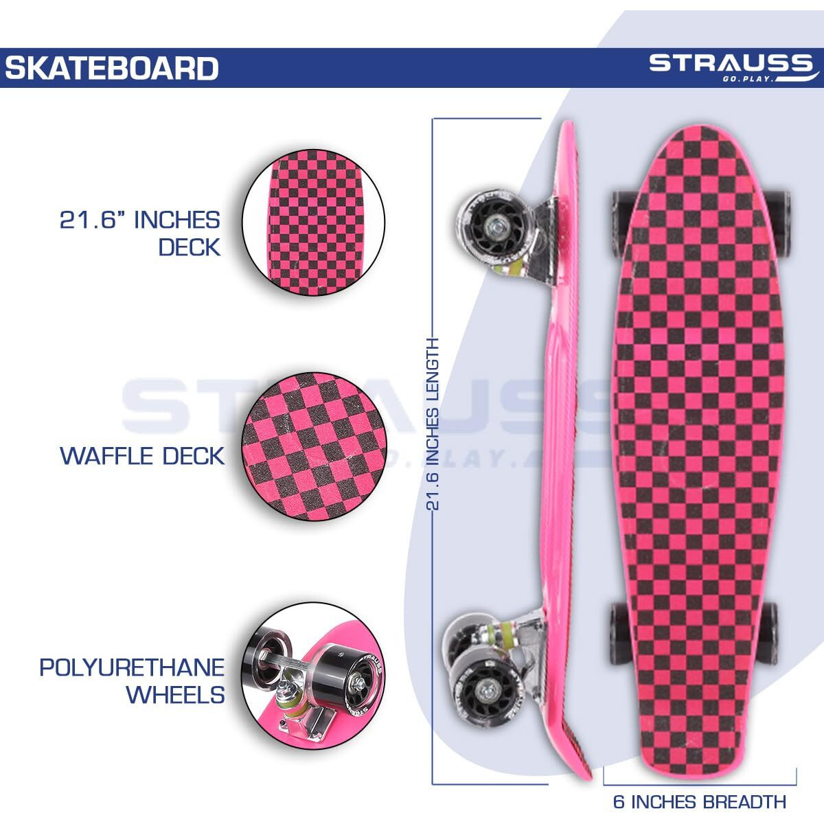 STRAUSS Cruiser Skateboard| Penny Skateboard | Casterboard | Hoverboard | Anti-Skid Board with High Precision Bearings | Wheels with Light |Ideal for All Skill Level,(Checkered Pink)