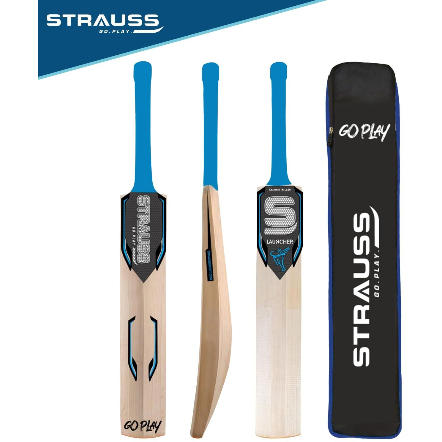 STRAUSS Launcher Kashmir Willow Cricket Bat | Size Short Handle (SH) | Suitable Only for Tennis Ball | Age group 13+ yrs | for Youth Adults | Anti Scuff Sheet & Bat Cover | Blue | (1050-1200 Grams