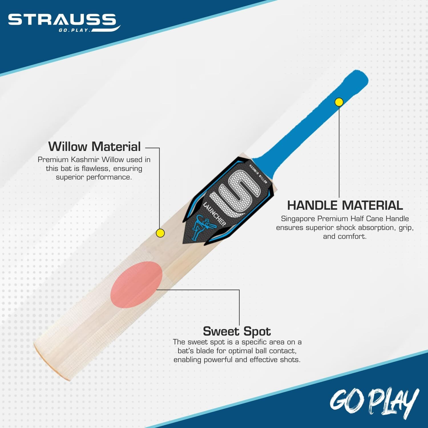 STRAUSS Launcher Kashmir Willow Cricket Bat | Size Short Handle (SH) | Suitable Only for Tennis Ball | Age group 13+ yrs | for Youth Adults | Anti Scuff Sheet & Bat Cover | Blue | (1050-1200 Grams